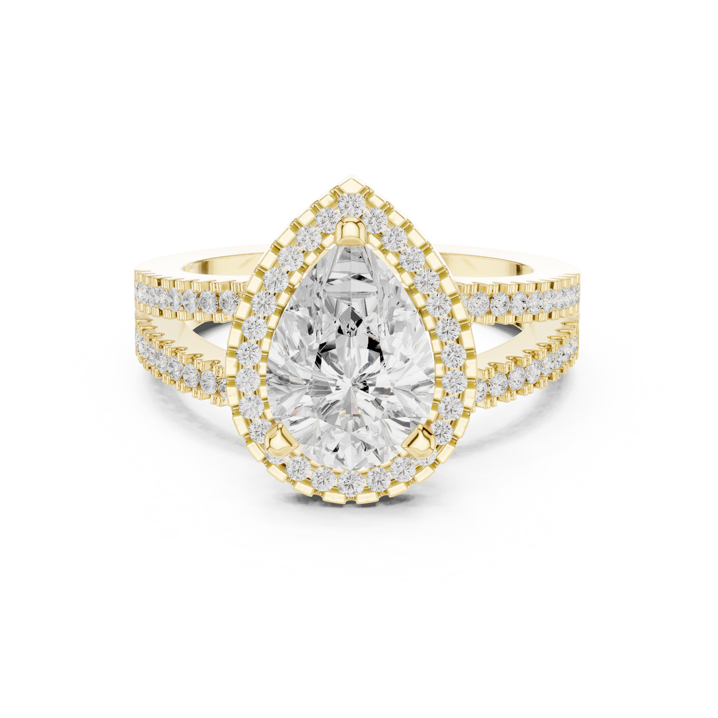 Anillo de Compromiso 2.17ctw con Diamante Corte Pera y Halo con Banda Pavé de Triple Fila en Córdoba, España| Color D Claridad VS Diamante Creado en Laboratorio | Oro 10K/18K, Plata y Platino (Tallas Disponibles 8–20)