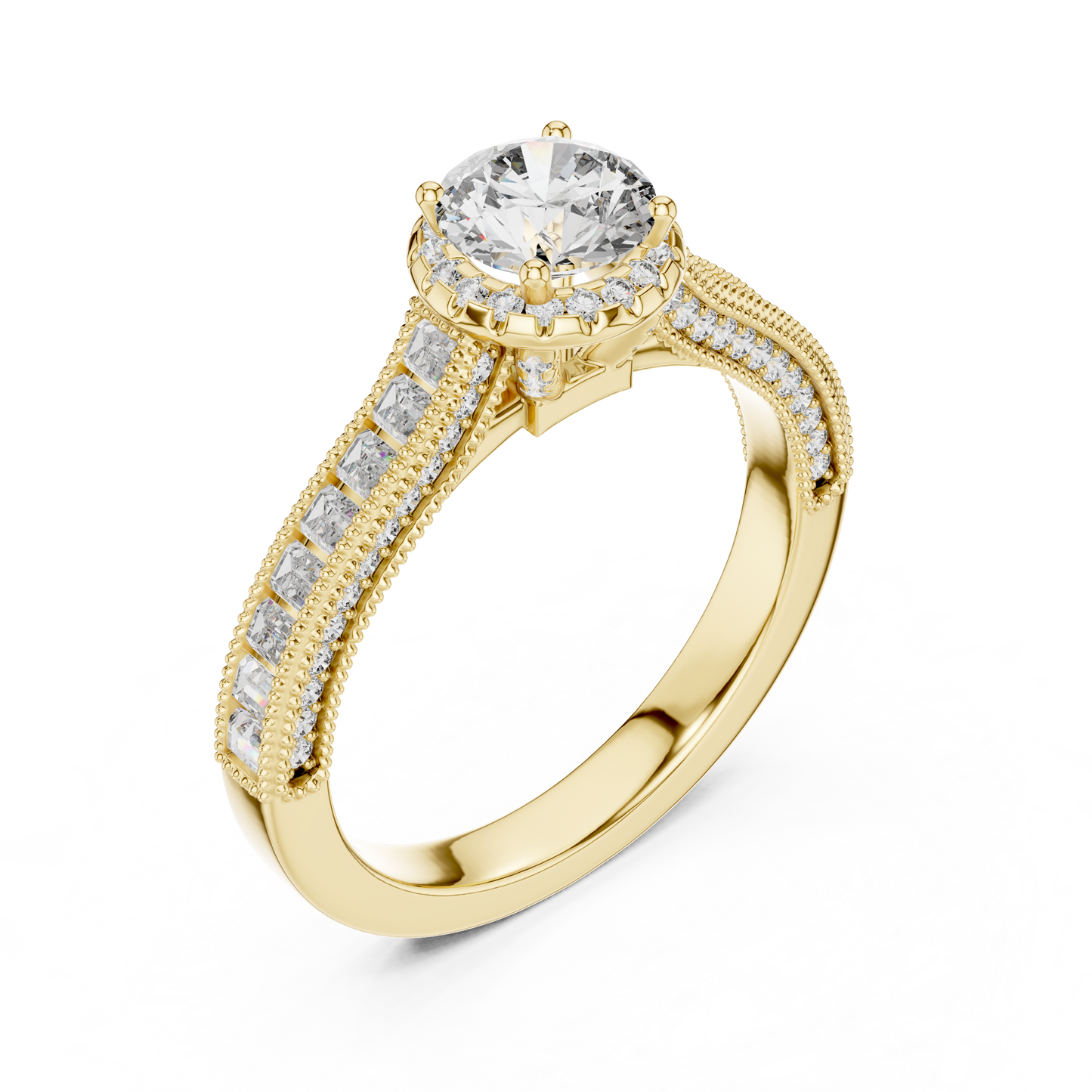 Anillo de Compromiso Halo 1.43ctw con Diamantes Creados en Laboratorio | Acentos Baguette y Redondos en Canal | Color D Claridad VS | Oro 10K/18K, Plata y Platino (Tallas 8-20 Disponibles)