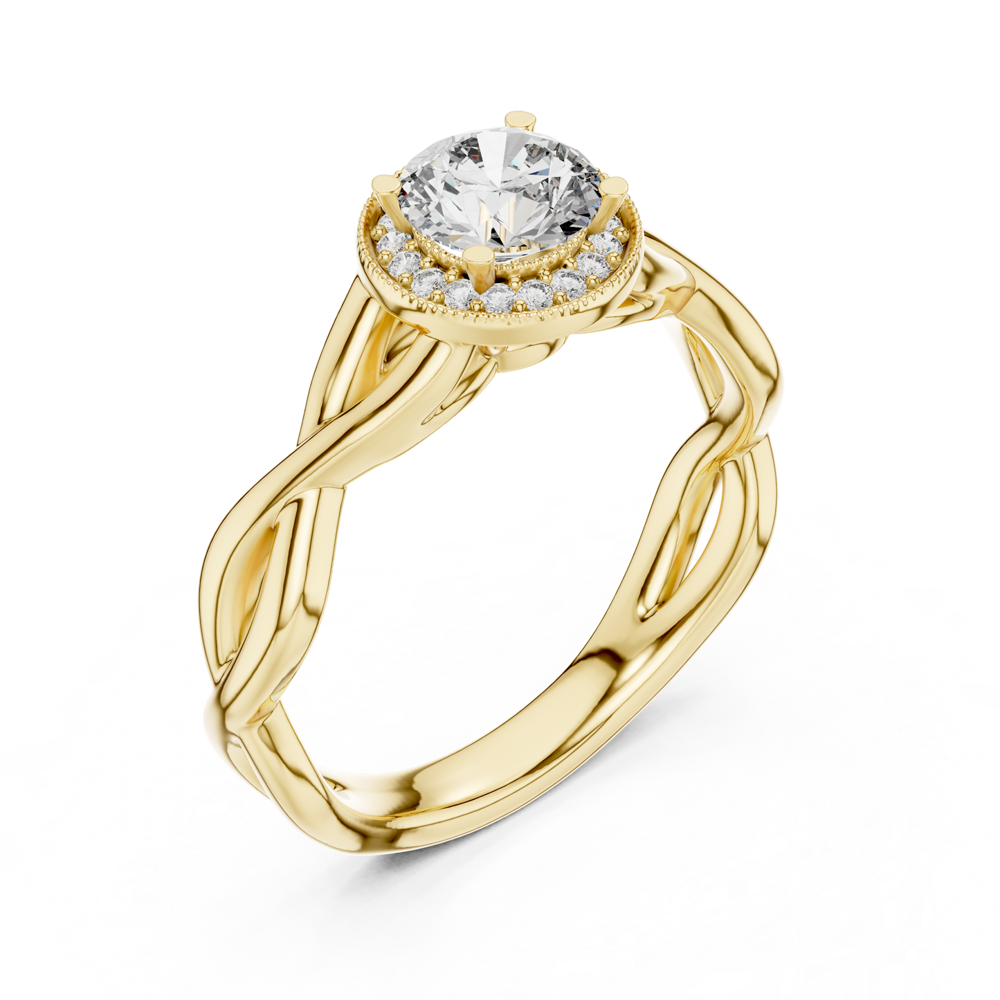 Anillo Solitario Halo Redondo 0.79ctw con Banda Infinita Torcida en Córdoba, España | Diamante Creado en Laboratorio | Oro 10K/18K, Plata y Platino (Tallas Disponibles 8-20)