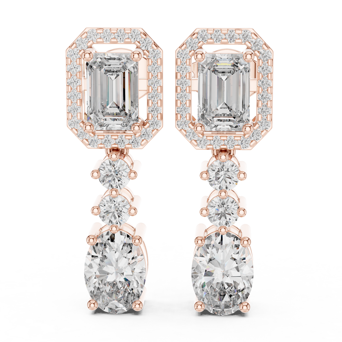 Pendientes Colgantes Halo de Diamantes Multi-Forma 3.03ctw en Córdoba, España | Corte Ovalado y Esmeralda con Acentos Redondos | Diamantes Creados en Laboratorio Color D Claridad VS | Oro 10K/18K, Plata y Platino