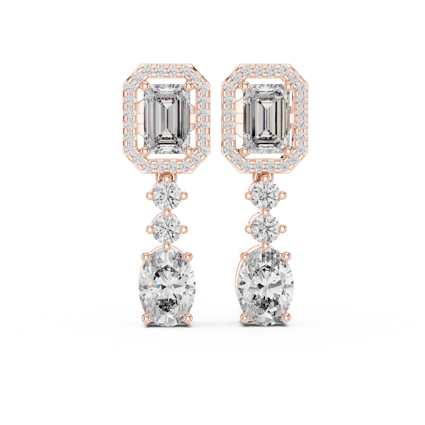 Pendientes Colgantes Halo de Diamantes Multi-Forma 3.03ctw en Córdoba, España | Corte Ovalado y Esmeralda con Acentos Redondos | Diamantes Creados en Laboratorio Color D Claridad VS | Oro 10K/18K, Plata y Platino