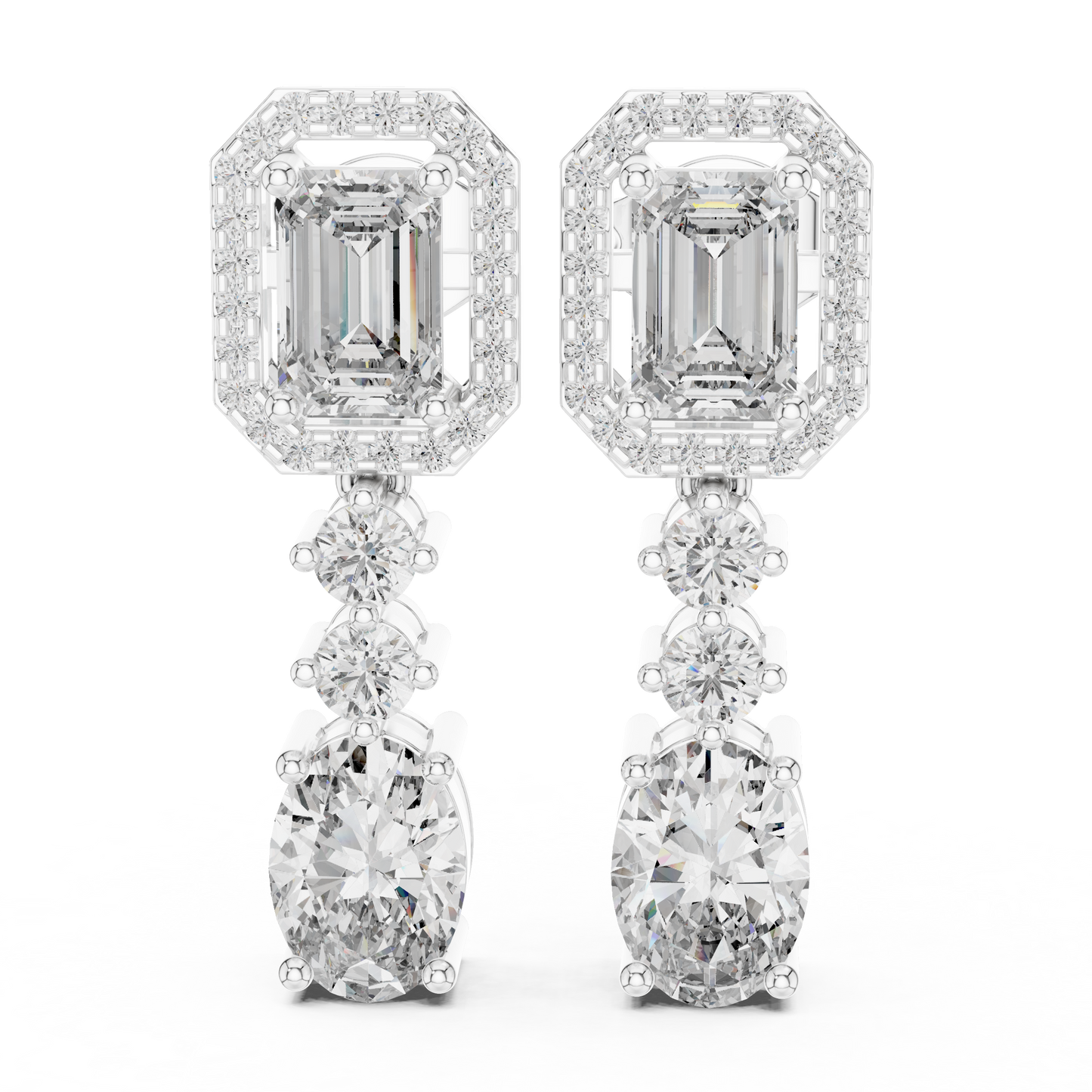 Pendientes Colgantes Halo de Diamantes Multi-Forma 3.03ctw en Córdoba, España | Corte Ovalado y Esmeralda con Acentos Redondos | Diamantes Creados en Laboratorio Color D Claridad VS | Oro 10K/18K, Plata y Platino
