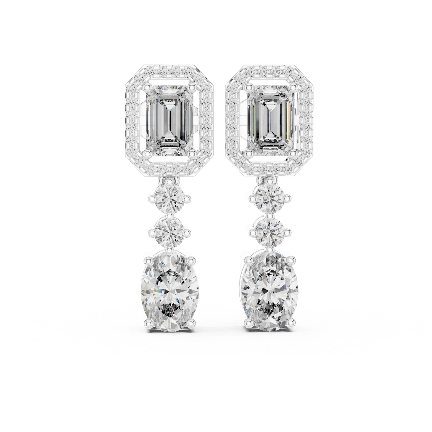 Pendientes Colgantes Halo de Diamantes Multi-Forma 3.03ctw en Córdoba, España | Corte Ovalado y Esmeralda con Acentos Redondos | Diamantes Creados en Laboratorio Color D Claridad VS | Oro 10K/18K, Plata y Platino