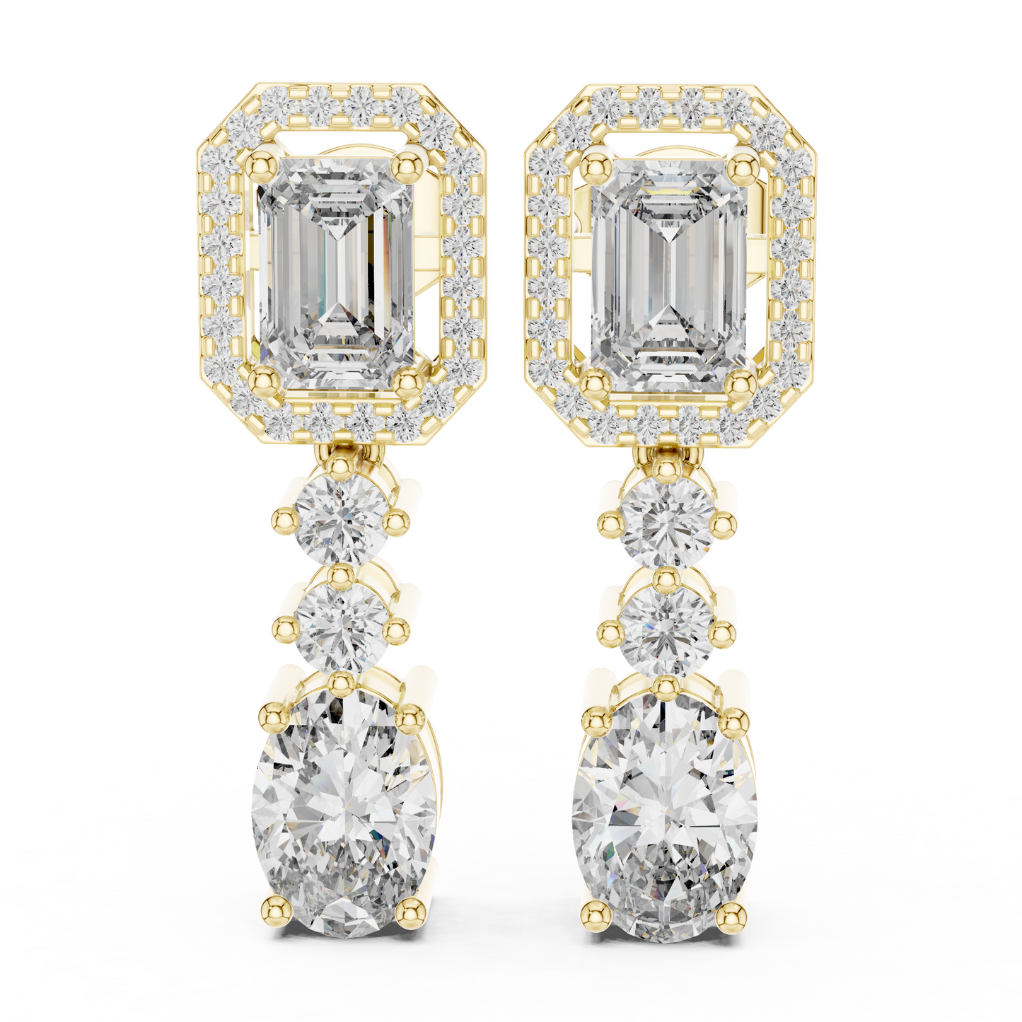 Pendientes Colgantes Halo de Diamantes Multi-Forma 3.03ctw en Córdoba, España | Corte Ovalado y Esmeralda con Acentos Redondos | Diamantes Creados en Laboratorio Color D Claridad VS | Oro 10K/18K, Plata y Platino