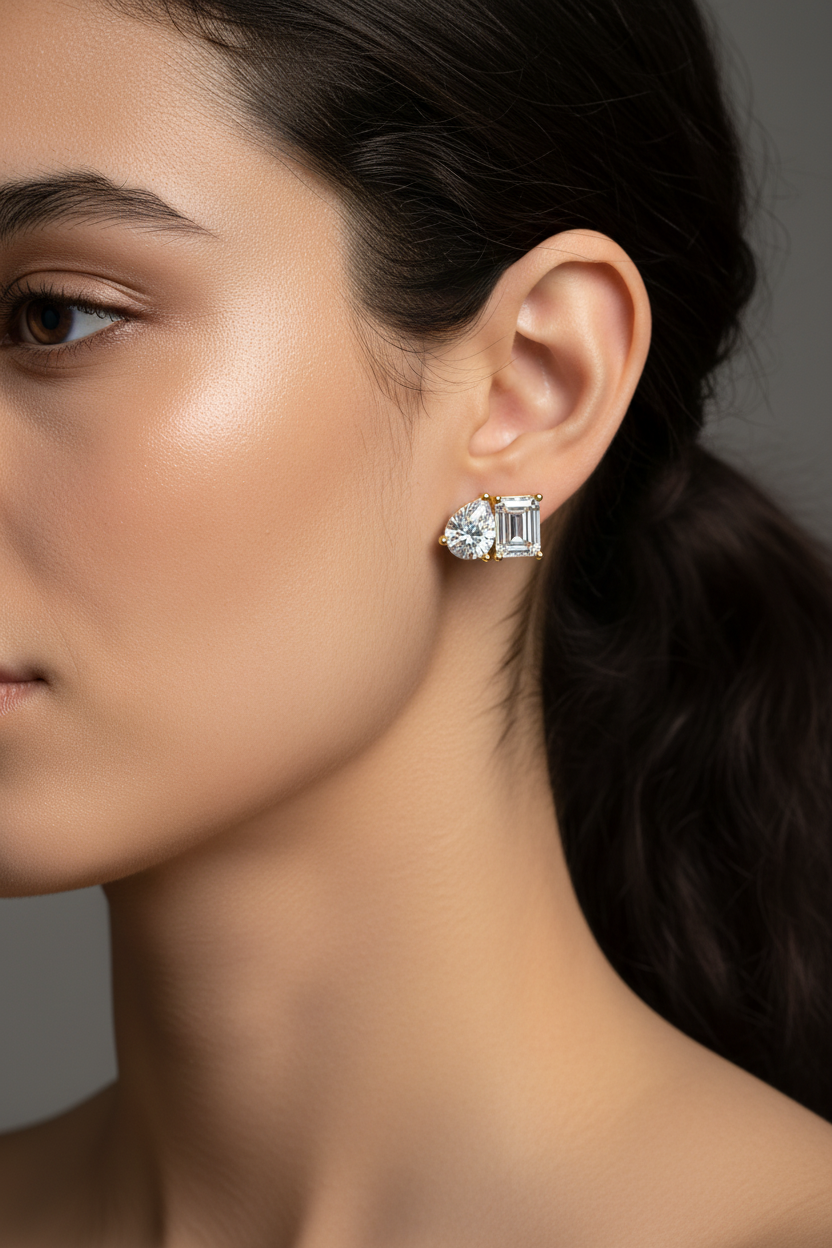 Pendientes Stud Solitario Dúo Pera y Esmeralda 3.60ct en Córdoba, España | Diamante Creado en Laboratorio Color D Claridad VS | Oro 10K/18K, Plata y Platino