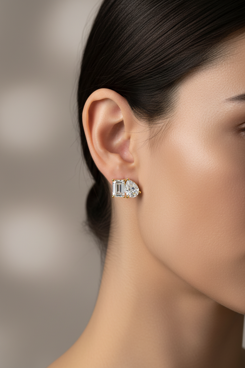 Pendientes Stud Solitario Dúo Pera y Esmeralda 3.60ct en Córdoba, España | Diamante Creado en Laboratorio Color D Claridad VS | Oro 10K/18K, Plata y Platino