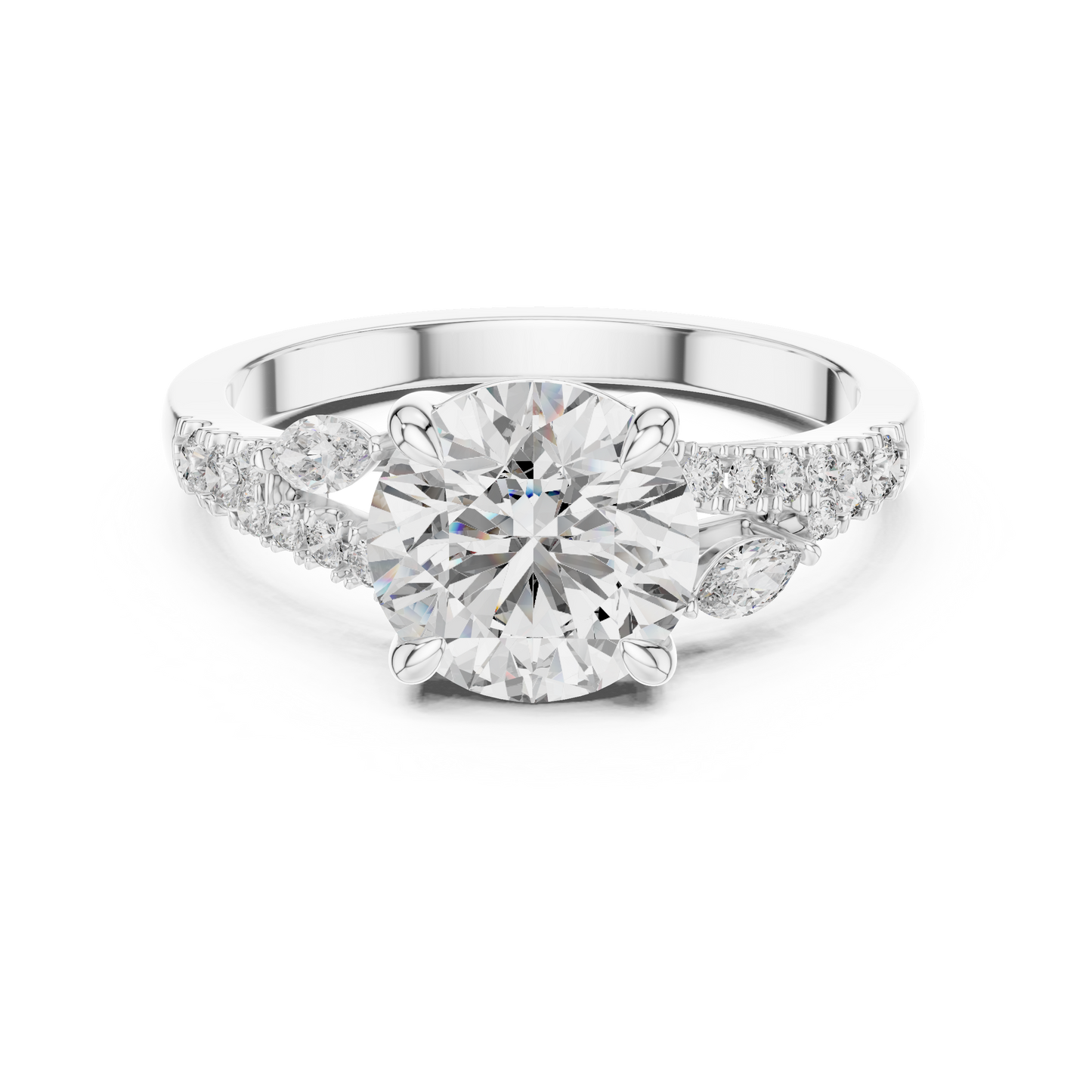 Anillo Solitario 2.27ctw con Diamante Central Redondo y Acentos Marquise Creados en Laboratorio | Color D Claridad VS | Oro 10K/18K, Plata y Platino (Tallas 8-20 Disponibles)