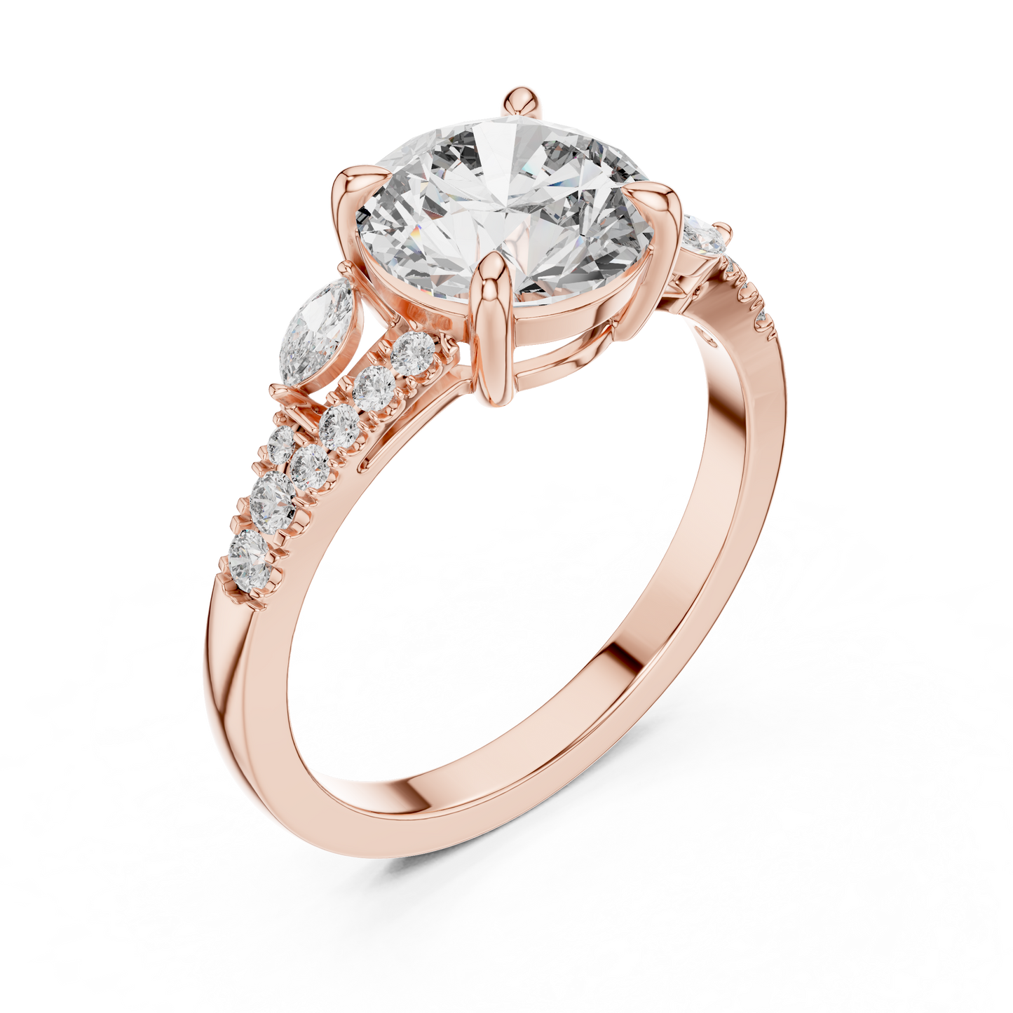 Anillo Solitario 2.27ctw con Diamante Central Redondo y Acentos Marquise Creados en Laboratorio | Color D Claridad VS | Oro 10K/18K, Plata y Platino (Tallas 8-20 Disponibles)