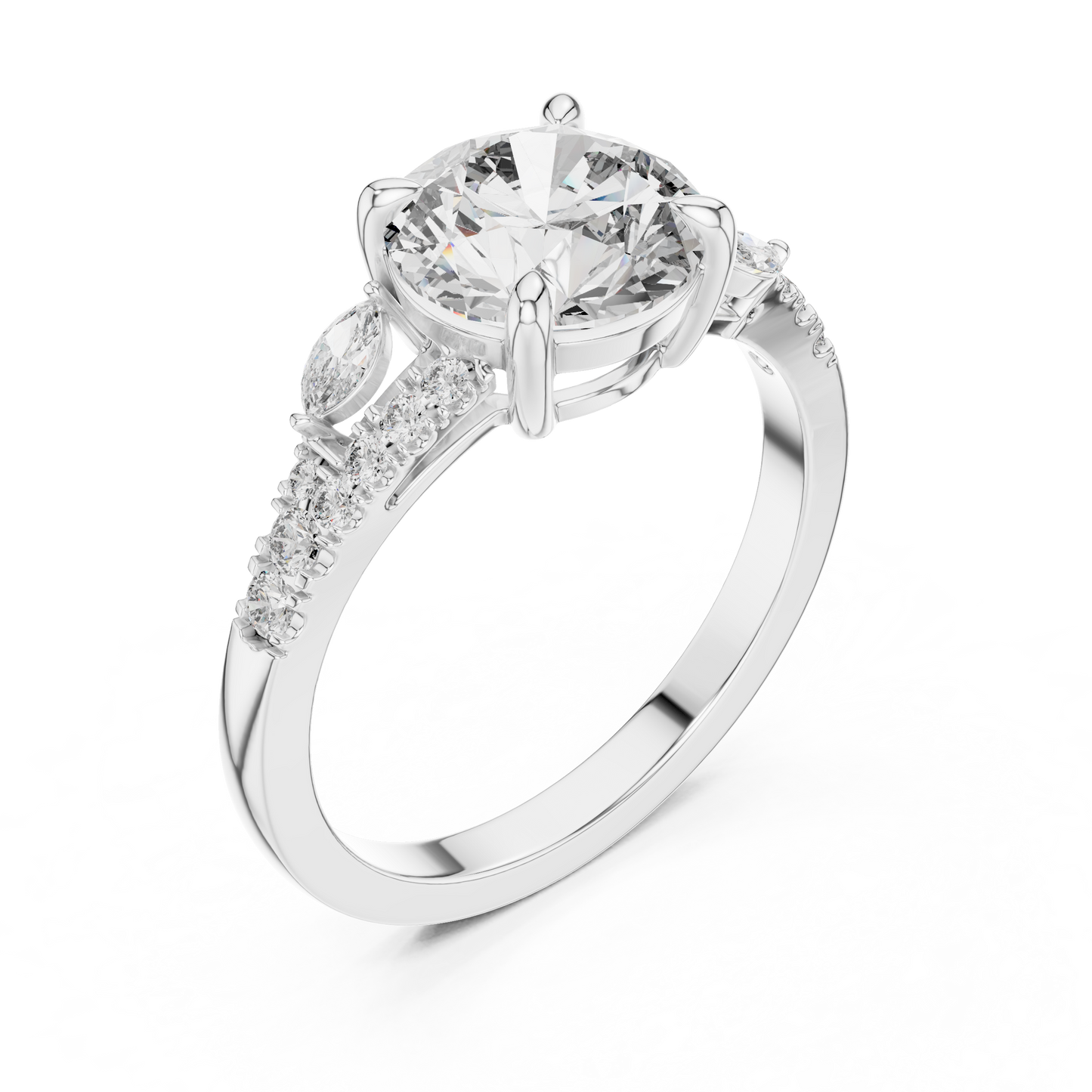 Anillo Solitario 2.27ctw con Diamante Central Redondo y Acentos Marquise Creados en Laboratorio | Color D Claridad VS | Oro 10K/18K, Plata y Platino (Tallas 8-20 Disponibles)
