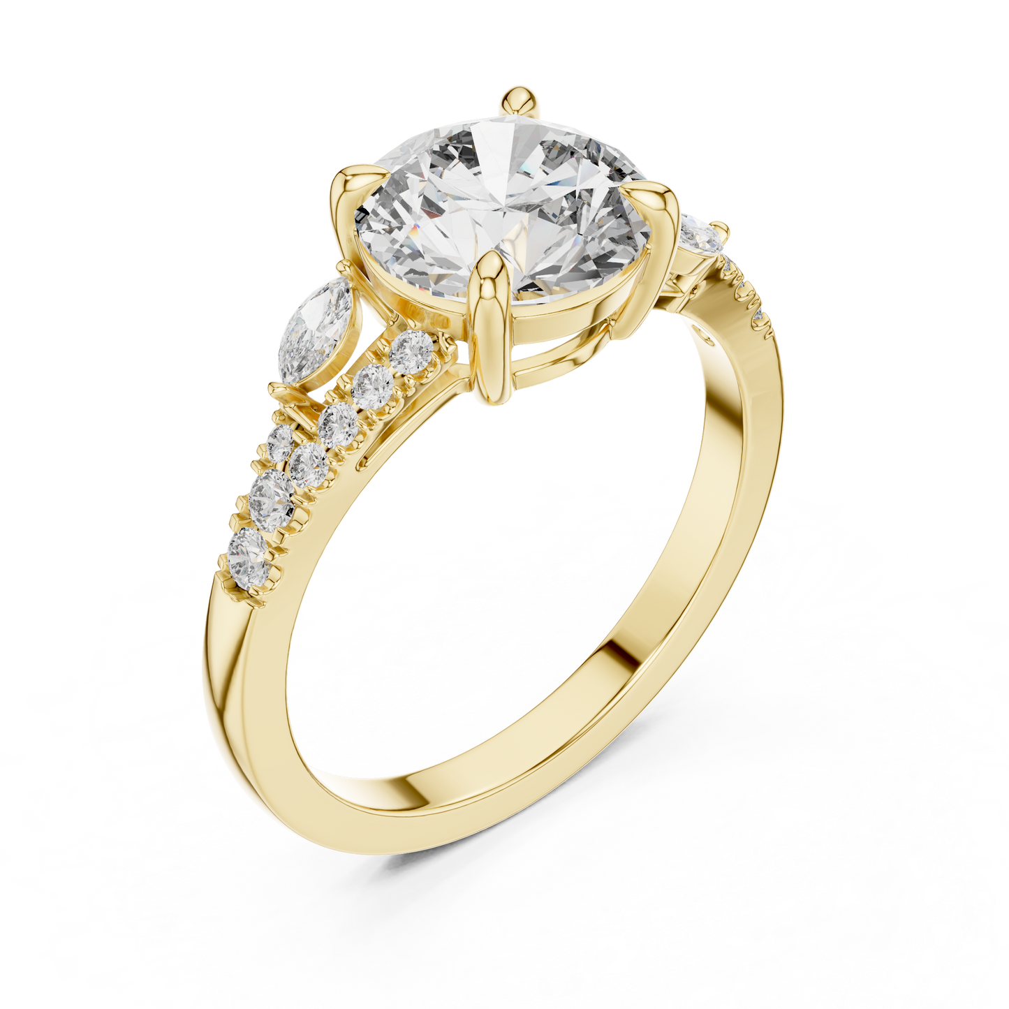 Anillo Solitario 2.27ctw con Diamante Central Redondo y Acentos Marquise Creados en Laboratorio | Color D Claridad VS | Oro 10K/18K, Plata y Platino (Tallas 8-20 Disponibles)