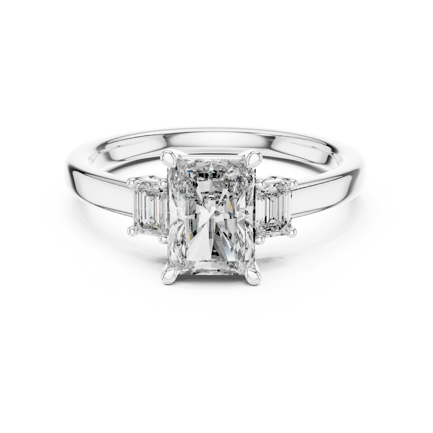 Anillo de Tres Piedras con Diamantes de Laboratorio Corte Radiante 1.70ctw | Color D Claridad VS | Oro 10K/18K, Plata y Platino (Tallas 8-20 Disponibles)
