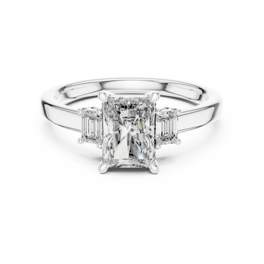 Anillo de Tres Piedras con Diamantes de Laboratorio Corte Radiante 1.70ctw en Córdoba, España | Color D Claridad VS | Oro 10K/18K, Plata y Platino (Tallas 8-20 Disponibles)