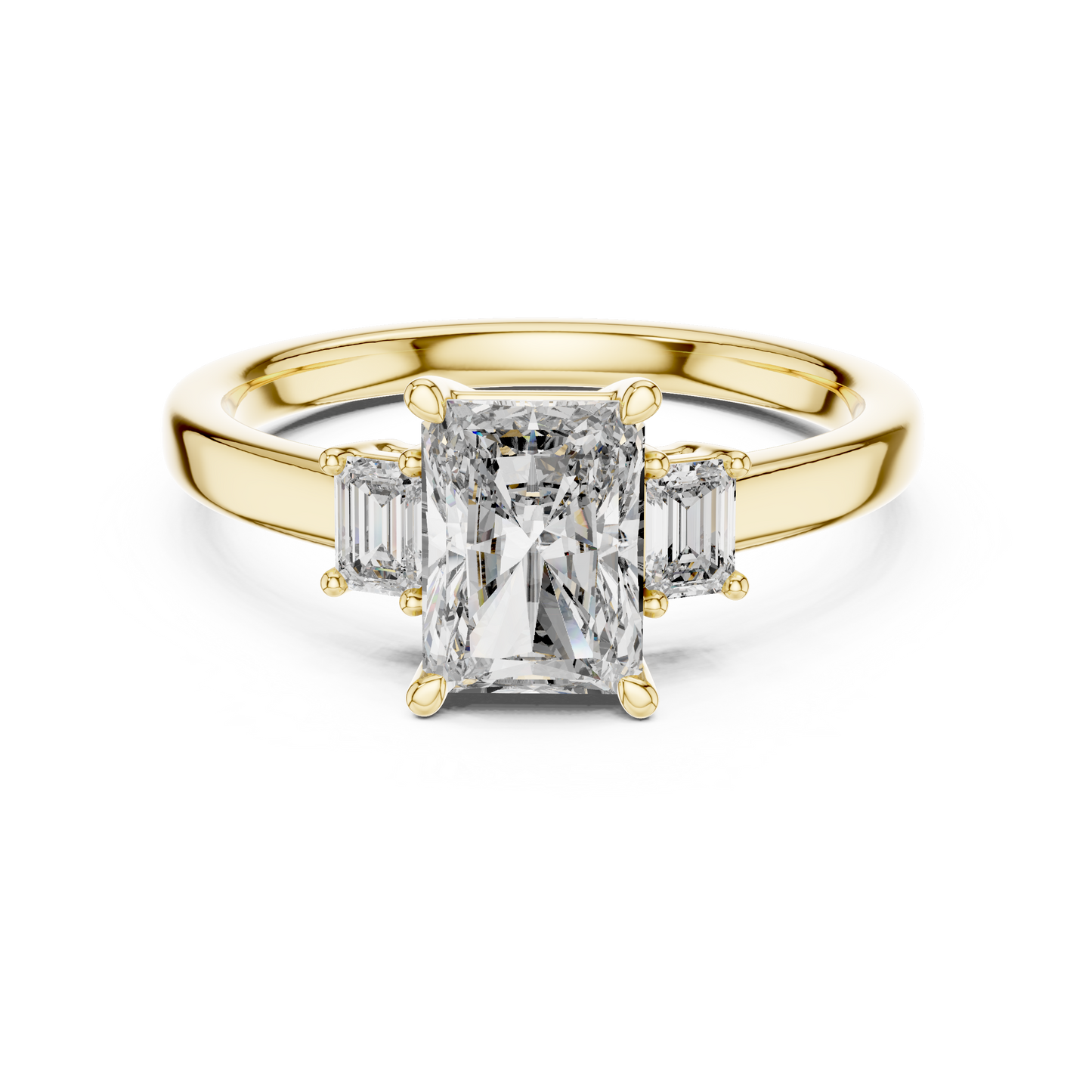 Anillo de Tres Piedras con Diamantes de Laboratorio Corte Radiante 1.70ctw | Color D Claridad VS | Oro 10K/18K, Plata y Platino (Tallas 8-20 Disponibles)