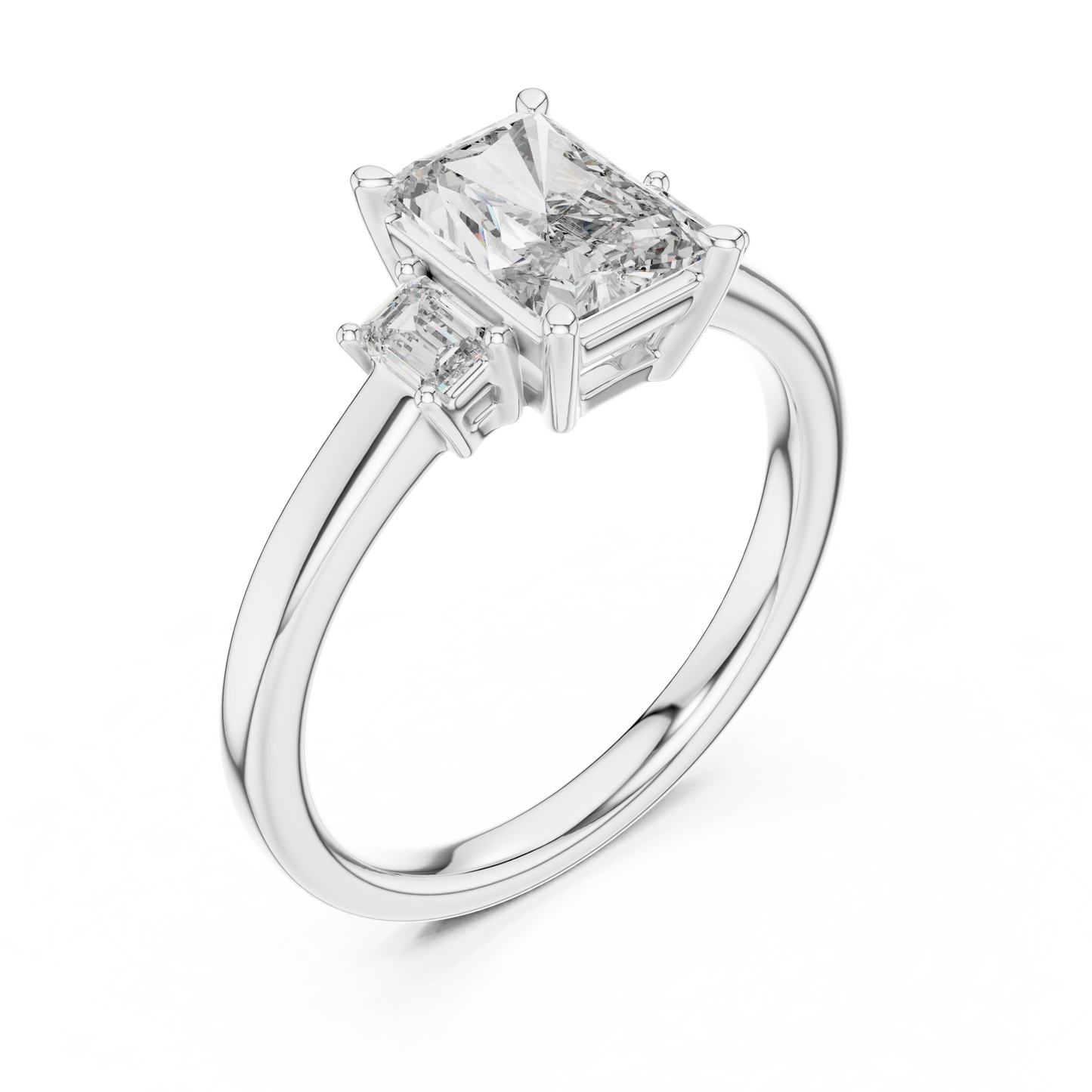 Anillo de Tres Piedras con Diamantes de Laboratorio Corte Radiante 1.70ctw | Color D Claridad VS | Oro 10K/18K, Plata y Platino (Tallas 8-20 Disponibles)
