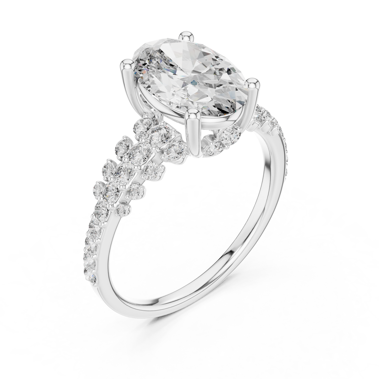 Solitario Oval con Banda de Pavé Graduado de Triple Fila de 2.57ct en Córdoba, España | Diamante Creado en Laboratorio Color D Claridad VS | Oro 10K/18K, Plata y Platino (Tallas Disponibles 8-20)