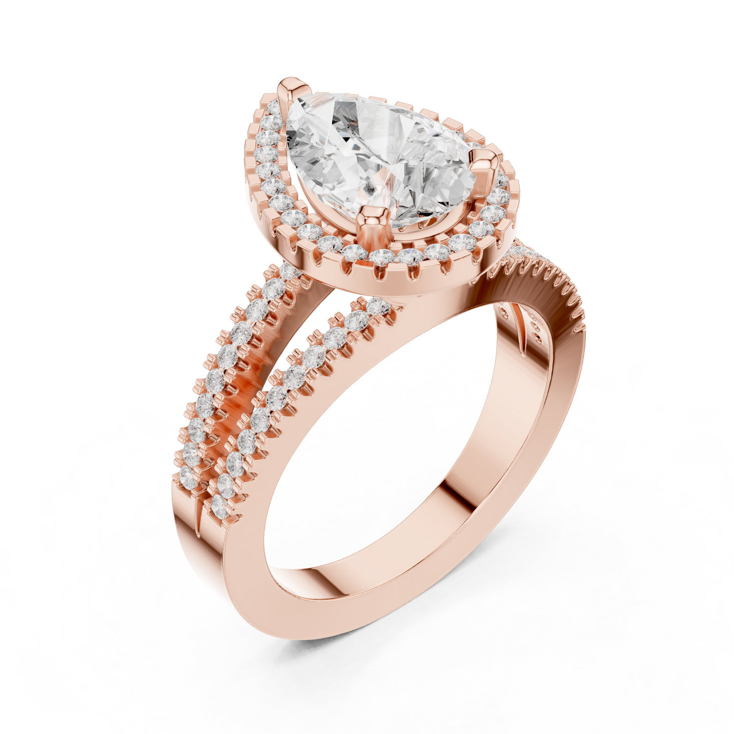 Anillo de Compromiso 2.17ctw con Diamante Corte Pera y Halo con Banda Pavé de Triple Fila en Córdoba, España| Color D Claridad VS Diamante Creado en Laboratorio | Oro 10K/18K, Plata y Platino (Tallas Disponibles 8–20)