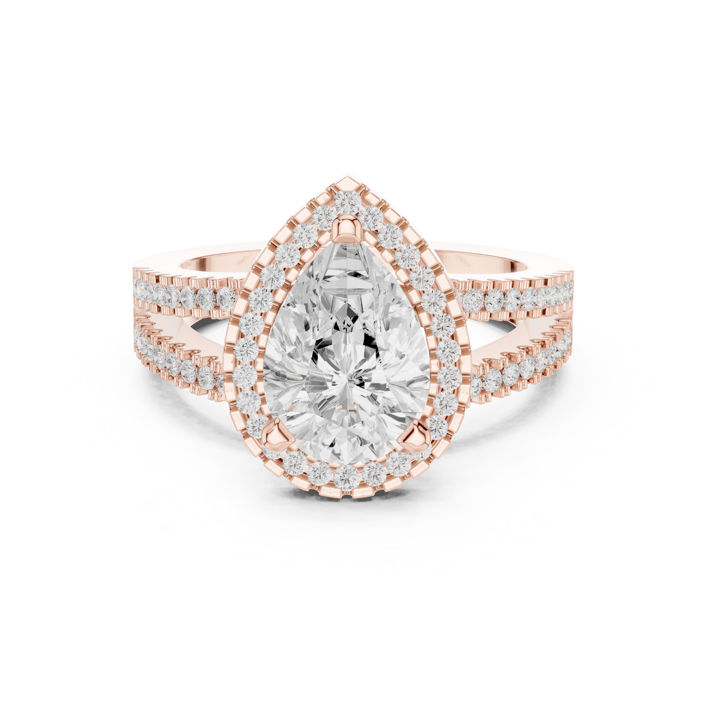 Anillo de Compromiso 2.17ctw con Diamante Corte Pera y Halo con Banda Pavé de Triple Fila en Córdoba, España| Color D Claridad VS Diamante Creado en Laboratorio | Oro 10K/18K, Plata y Platino (Tallas Disponibles 8–20)
