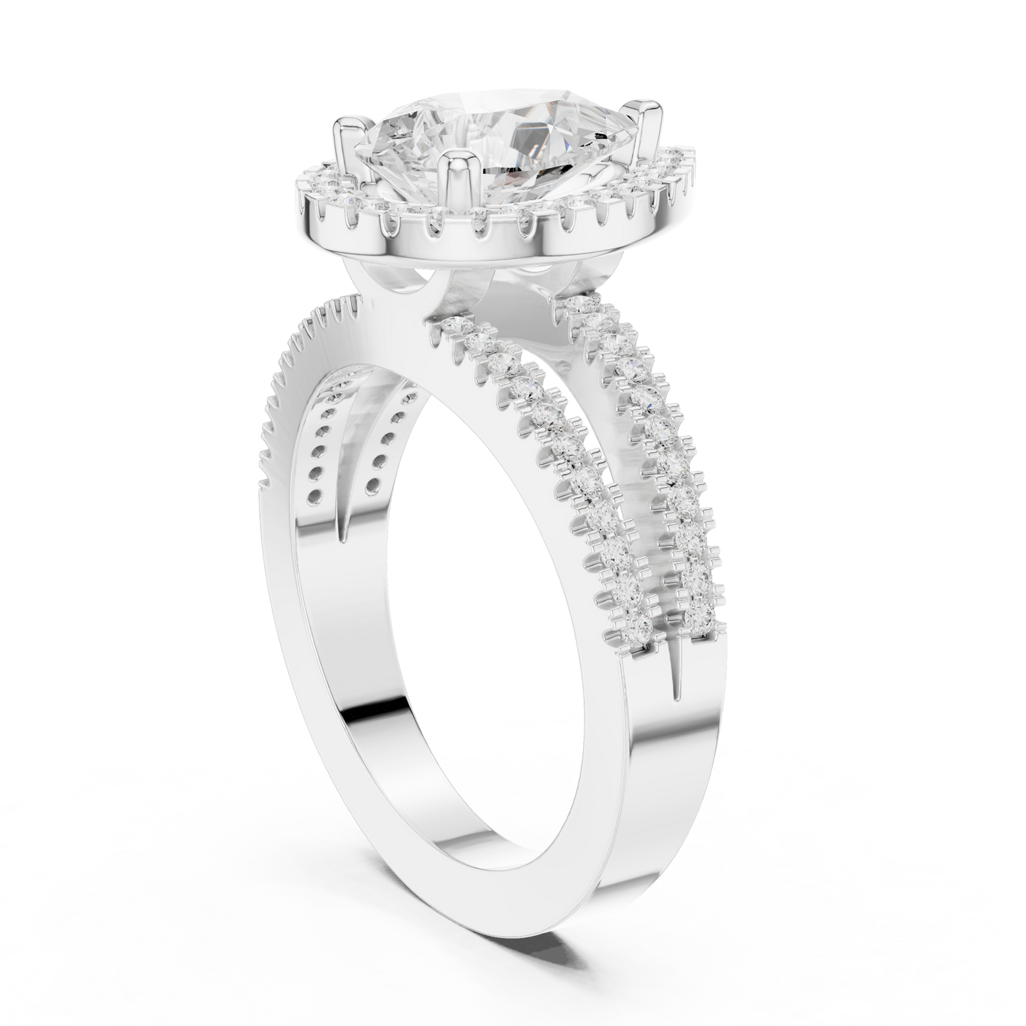 Anillo de Compromiso 2.17ctw con Diamante Corte Pera y Halo con Banda Pavé de Triple Fila en Córdoba, España| Color D Claridad VS Diamante Creado en Laboratorio | Oro 10K/18K, Plata y Platino (Tallas Disponibles 8–20)