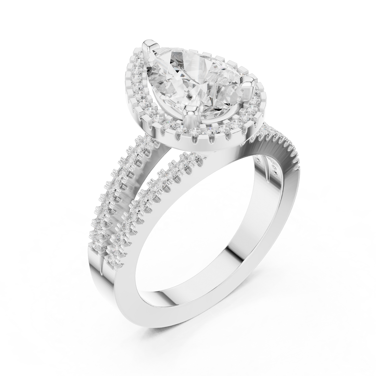 Anillo de Compromiso 2.17ctw con Diamante Corte Pera y Halo con Banda Pavé de Triple Fila en Córdoba, España| Color D Claridad VS Diamante Creado en Laboratorio | Oro 10K/18K, Plata y Platino (Tallas Disponibles 8–20)