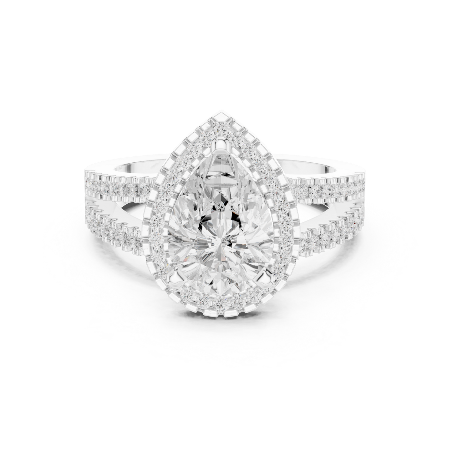 Anillo de Compromiso 2.17ctw con Diamante Corte Pera y Halo con Banda Pavé de Triple Fila en Córdoba, España| Color D Claridad VS Diamante Creado en Laboratorio | Oro 10K/18K, Plata y Platino (Tallas Disponibles 8–20)