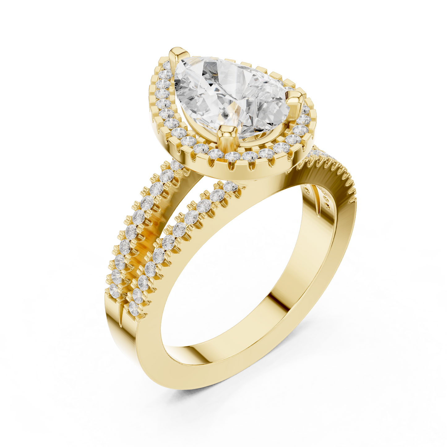Anillo de Compromiso 2.17ctw con Diamante Corte Pera y Halo con Banda Pavé de Triple Fila en Córdoba, España| Color D Claridad VS Diamante Creado en Laboratorio | Oro 10K/18K, Plata y Platino (Tallas Disponibles 8–20)