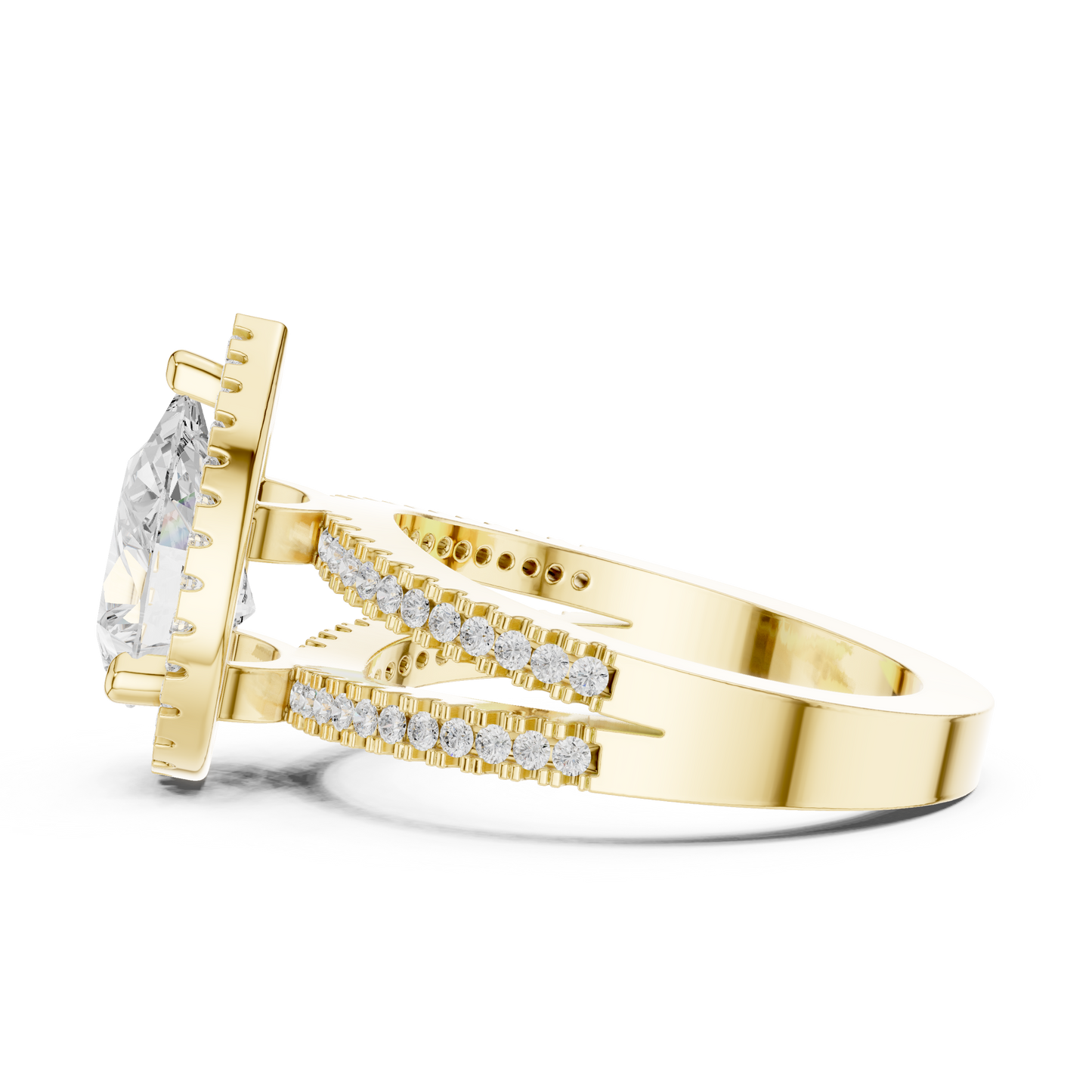Anillo de Compromiso 2.17ctw con Diamante Corte Pera y Halo con Banda Pavé de Triple Fila en Córdoba, España| Color D Claridad VS Diamante Creado en Laboratorio | Oro 10K/18K, Plata y Platino (Tallas Disponibles 8–20)