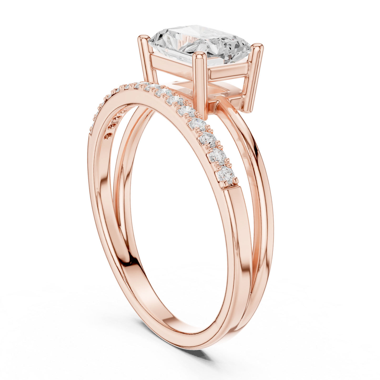 Anillo Solitario Corte Radiante 1.37ctw con Puente Pavé y Halo Oculto en Córdoba, España | Color D Claridad VS Diamante Creado en Laboratorio | Oro 10K/18K, Plata y Platino (Tallas Disponibles 8–20)