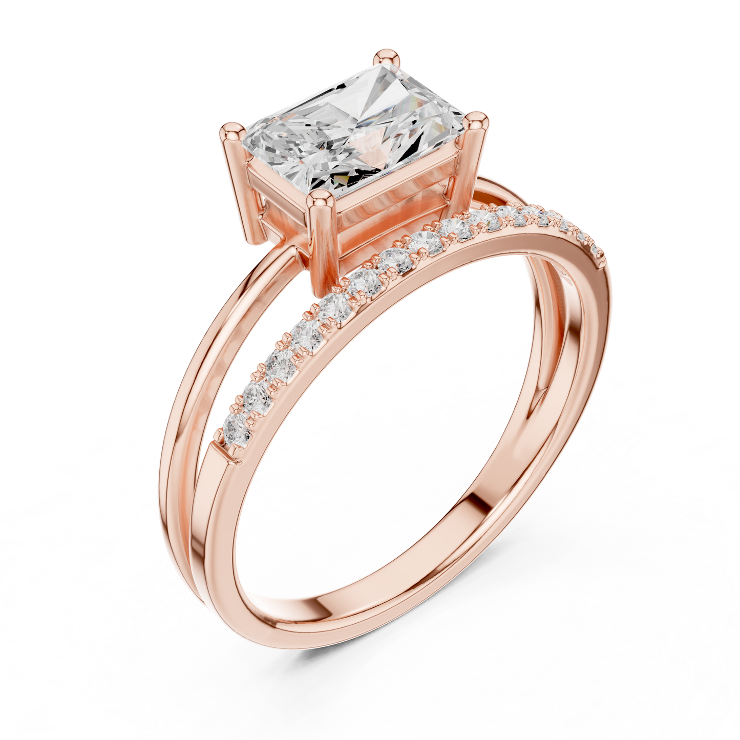 Anillo Solitario Corte Radiante 1.37ctw con Puente Pavé y Halo Oculto en Córdoba, España | Color D Claridad VS Diamante Creado en Laboratorio | Oro 10K/18K, Plata y Platino (Tallas Disponibles 8–20)