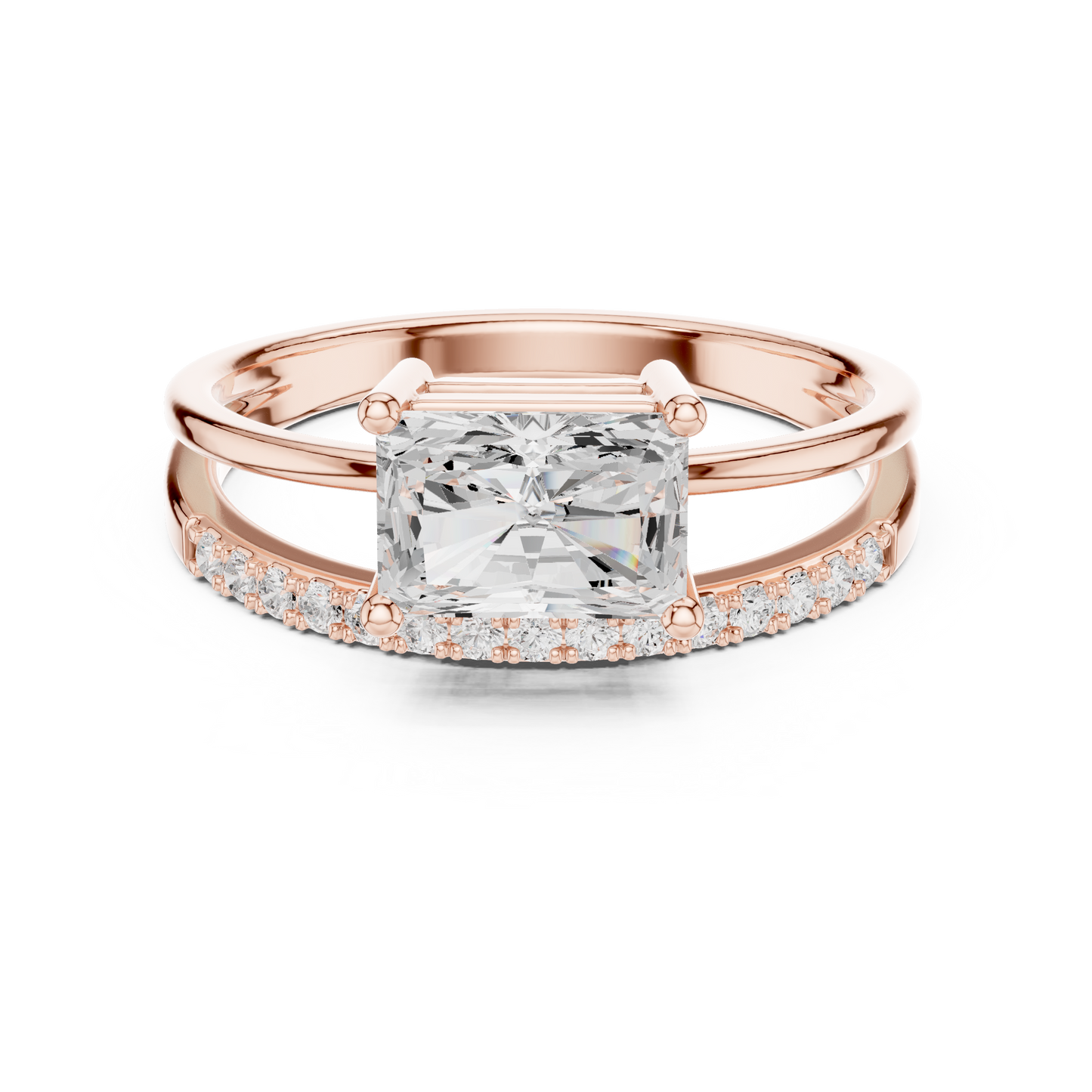 Anillo Solitario Corte Radiante 1.37ctw con Puente Pavé y Halo Oculto en Córdoba, España | Color D Claridad VS Diamante Creado en Laboratorio | Oro 10K/18K, Plata y Platino (Tallas Disponibles 8–20)