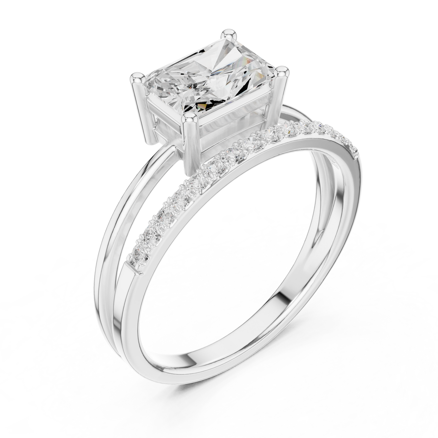 Anillo Solitario Corte Radiante 1.37ctw con Puente Pavé y Halo Oculto en Córdoba, España | Color D Claridad VS Diamante Creado en Laboratorio | Oro 10K/18K, Plata y Platino (Tallas Disponibles 8–20)