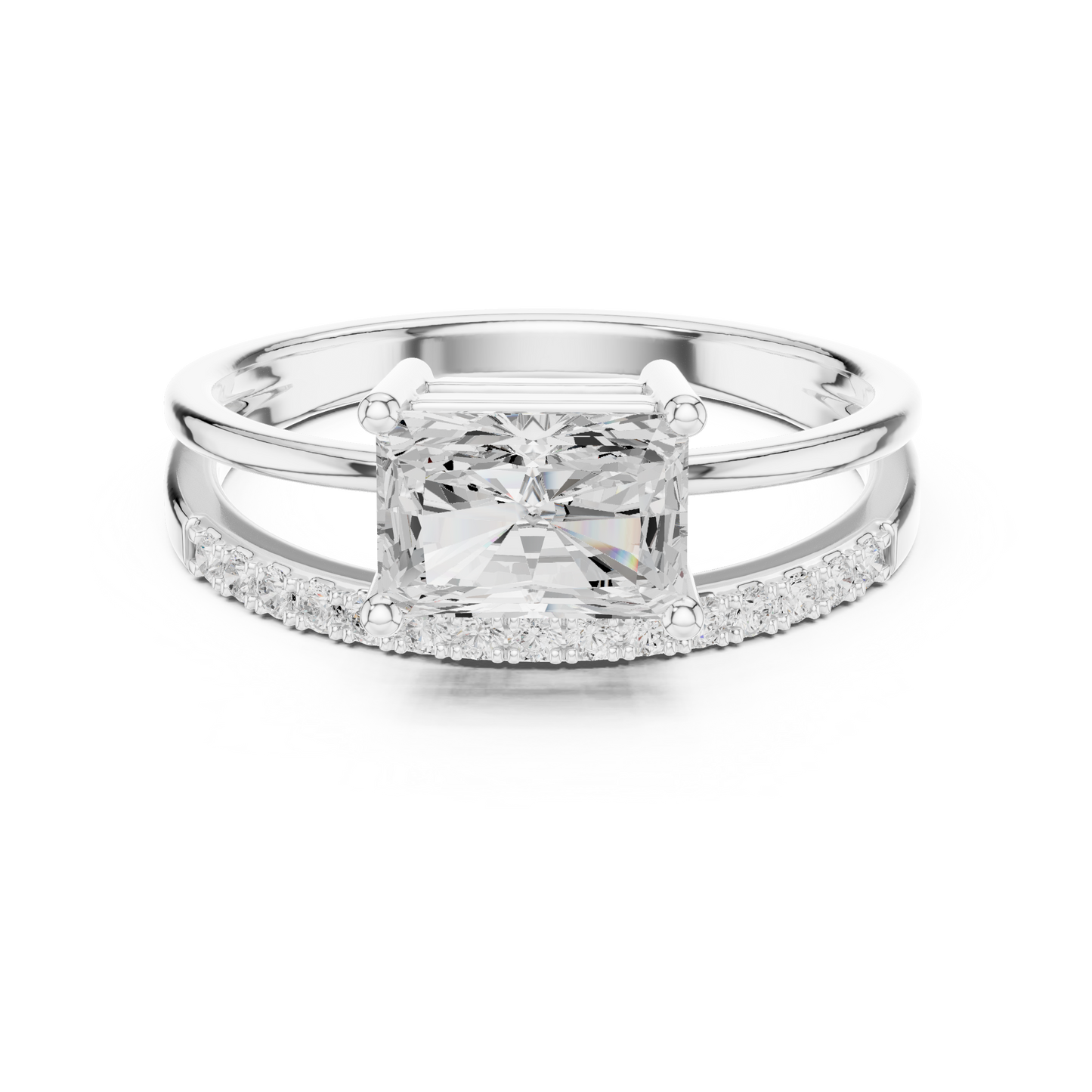 Anillo Solitario Corte Radiante 1.37ctw con Puente Pavé y Halo Oculto en Córdoba, España | Color D Claridad VS Diamante Creado en Laboratorio | Oro 10K/18K, Plata y Platino (Tallas Disponibles 8–20)