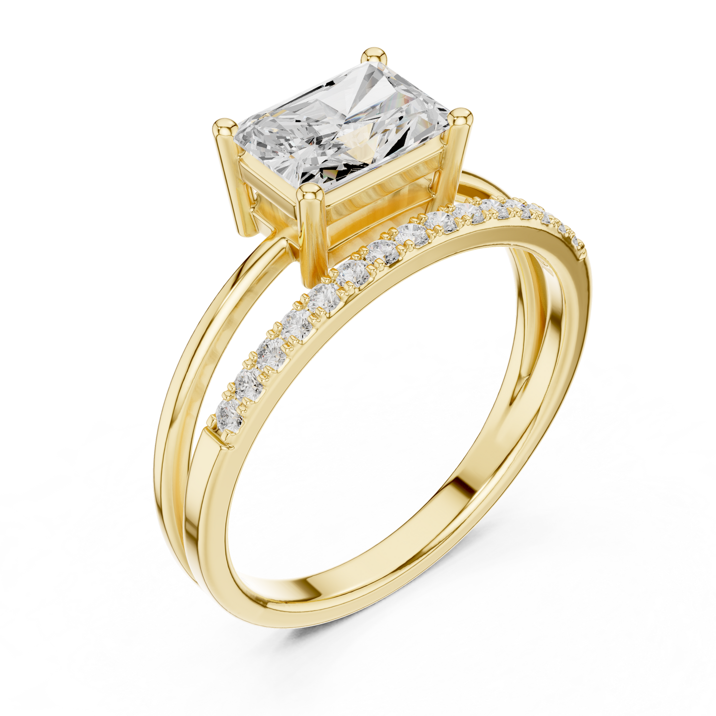Anillo Solitario Corte Radiante 1.37ctw con Puente Pavé y Halo Oculto en Córdoba, España | Color D Claridad VS Diamante Creado en Laboratorio | Oro 10K/18K, Plata y Platino (Tallas Disponibles 8–20)