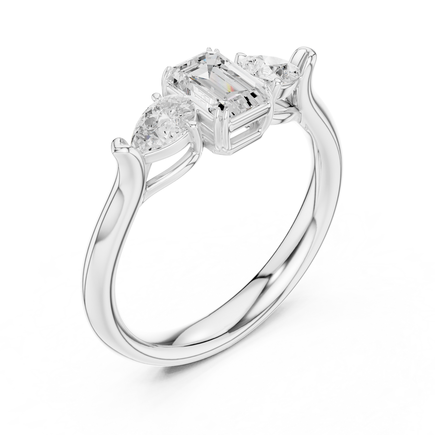 Anillo de Tres Piedras 0.89ctw Corte Esmeralda y Pera en Córdoba, España | Diamante Creado en Laboratorio Color D Claridad VS | Oro 10K/18K, Plata y Platino (Tallas Disponibles 8–20)