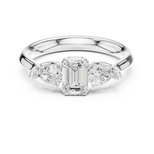 Anillo de Tres Piedras 0.89ctw Corte Esmeralda y Pera en Córdoba, España | Diamante Creado en Laboratorio Color D Claridad VS | Oro 10K/18K, Plata y Platino (Tallas Disponibles 8–20)