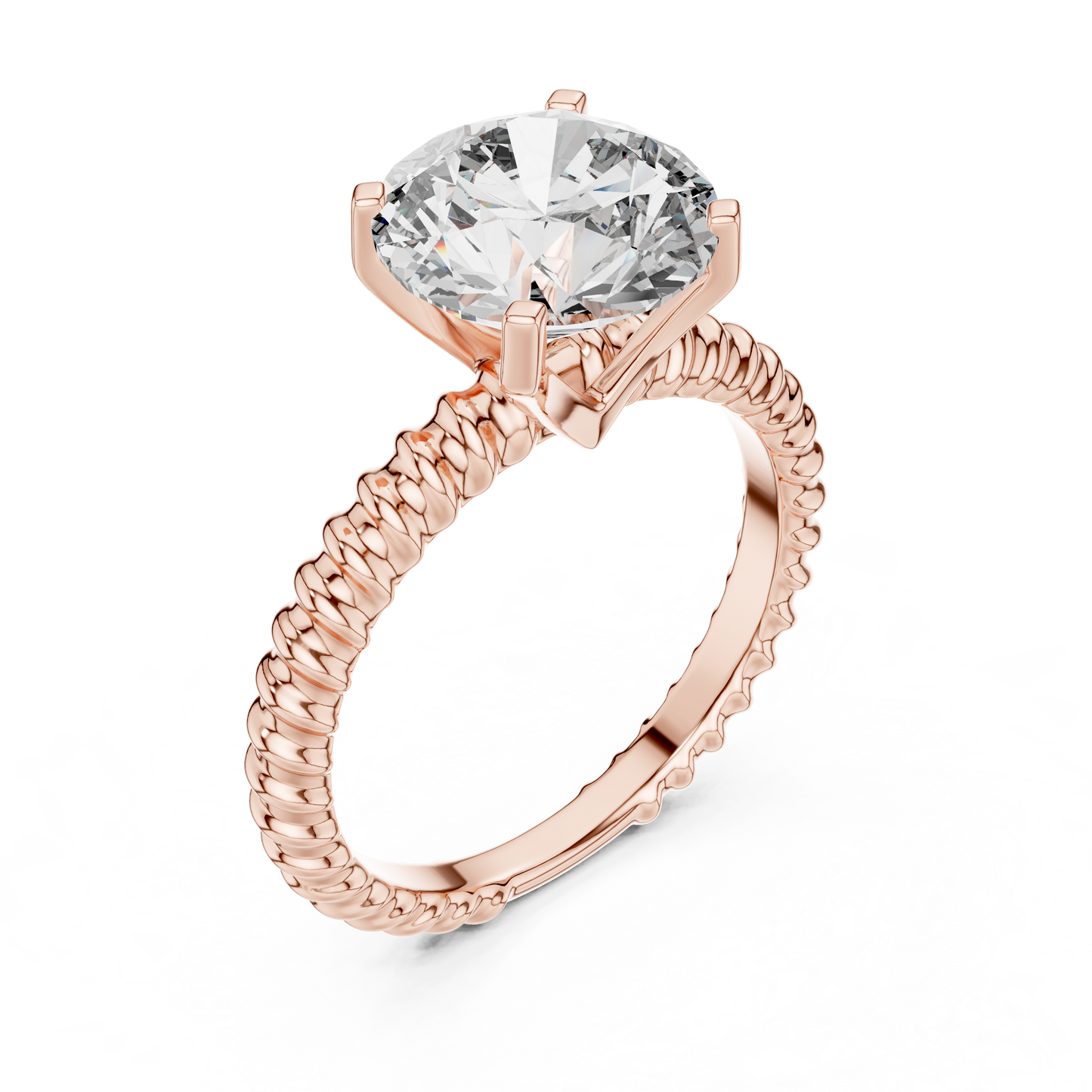 Anillo Solitario Redondo 2.80ctw con Banda Trenzada Tipo Cuerda en Córdoba, España | Diamante Creado en Laboratorio en Oro 10K/18K, Plata y Platino (Tallas 8-20 Disponibles)