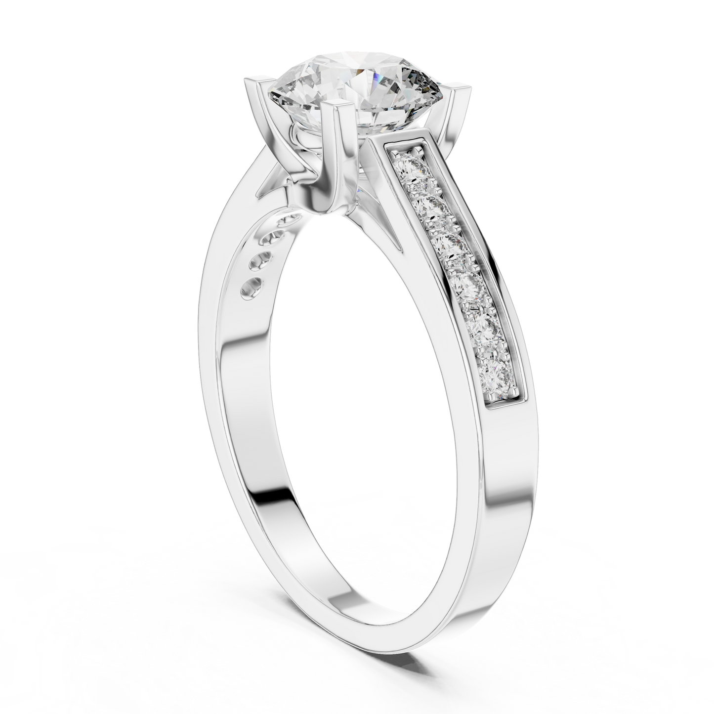 Anillo Solitario Redondo 1.18ctw con Banda Pavé Engastada en Canal | Diamante Creado en Laboratorio en Oro 10K/18K, Plata y Platino (Tallas 8-20 Disponibles)