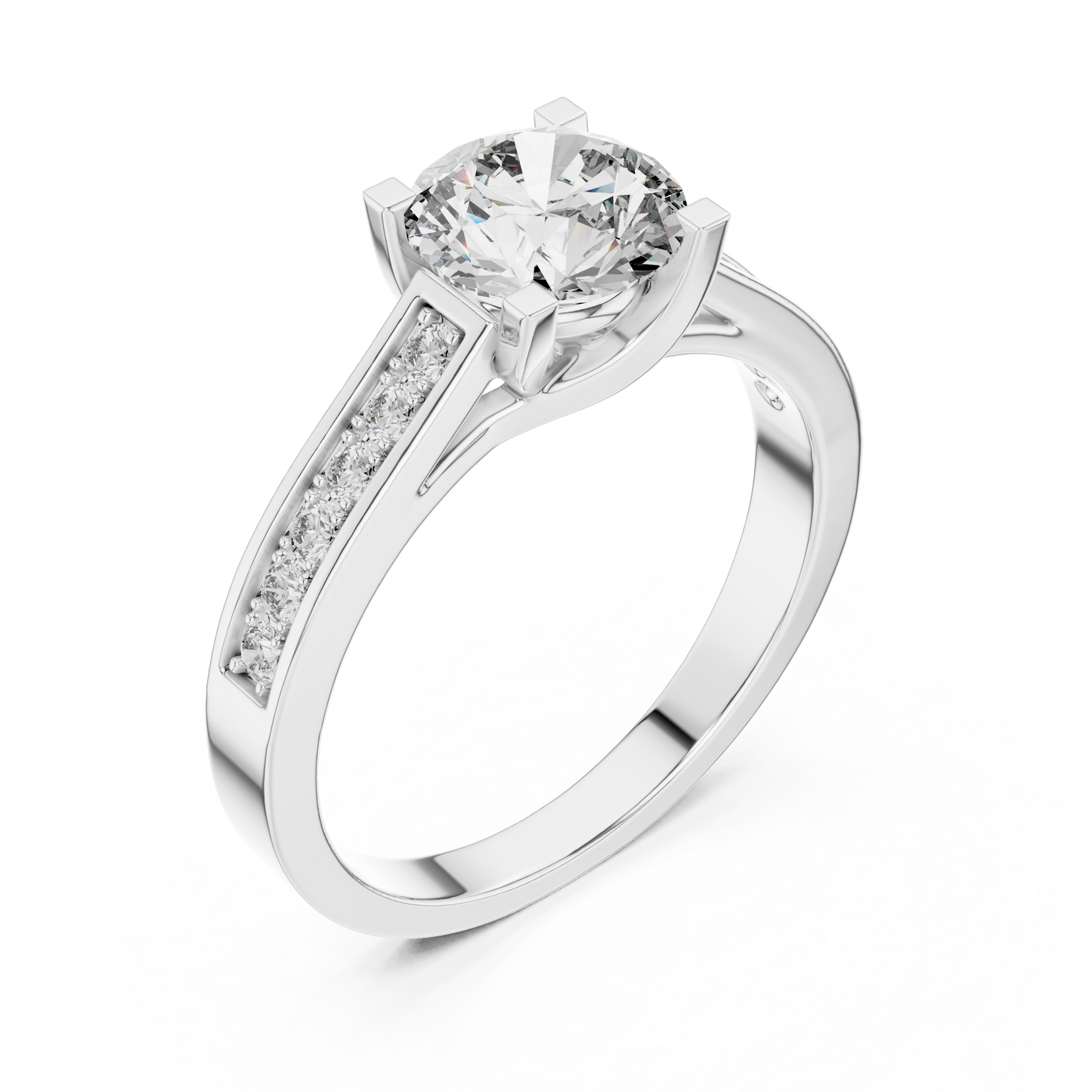 Anillo Solitario Redondo 1.18ctw con Banda Pavé Engastada en Canal | Diamante Creado en Laboratorio en Oro 10K/18K, Plata y Platino (Tallas 8-20 Disponibles)