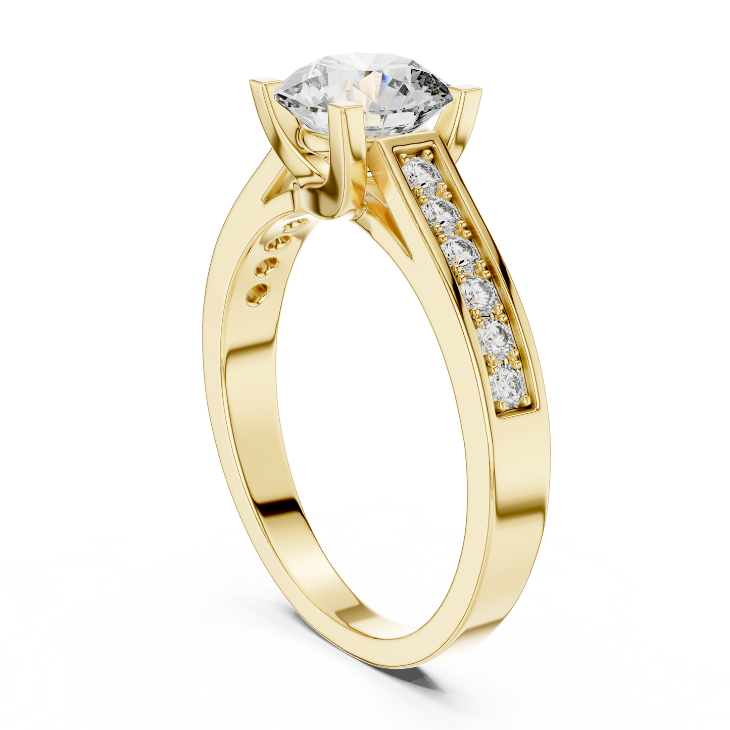Anillo Solitario Redondo 1.18ctw con Banda Pavé Engastada en Canal | Diamante Creado en Laboratorio en Oro 10K/18K, Plata y Platino (Tallas 8-20 Disponibles)