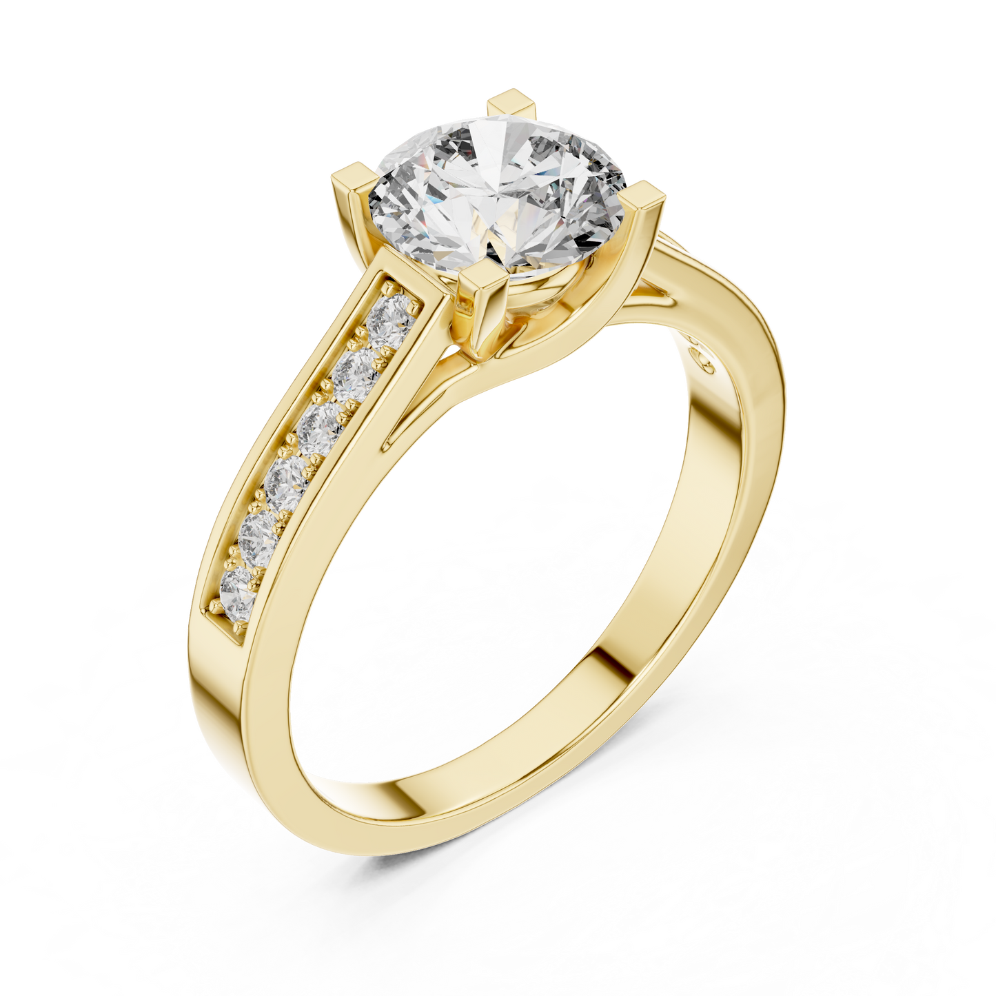 Anillo Solitario Redondo 1.18ctw con Banda Pavé Engastada en Canal | Diamante Creado en Laboratorio en Oro 10K/18K, Plata y Platino (Tallas 8-20 Disponibles)