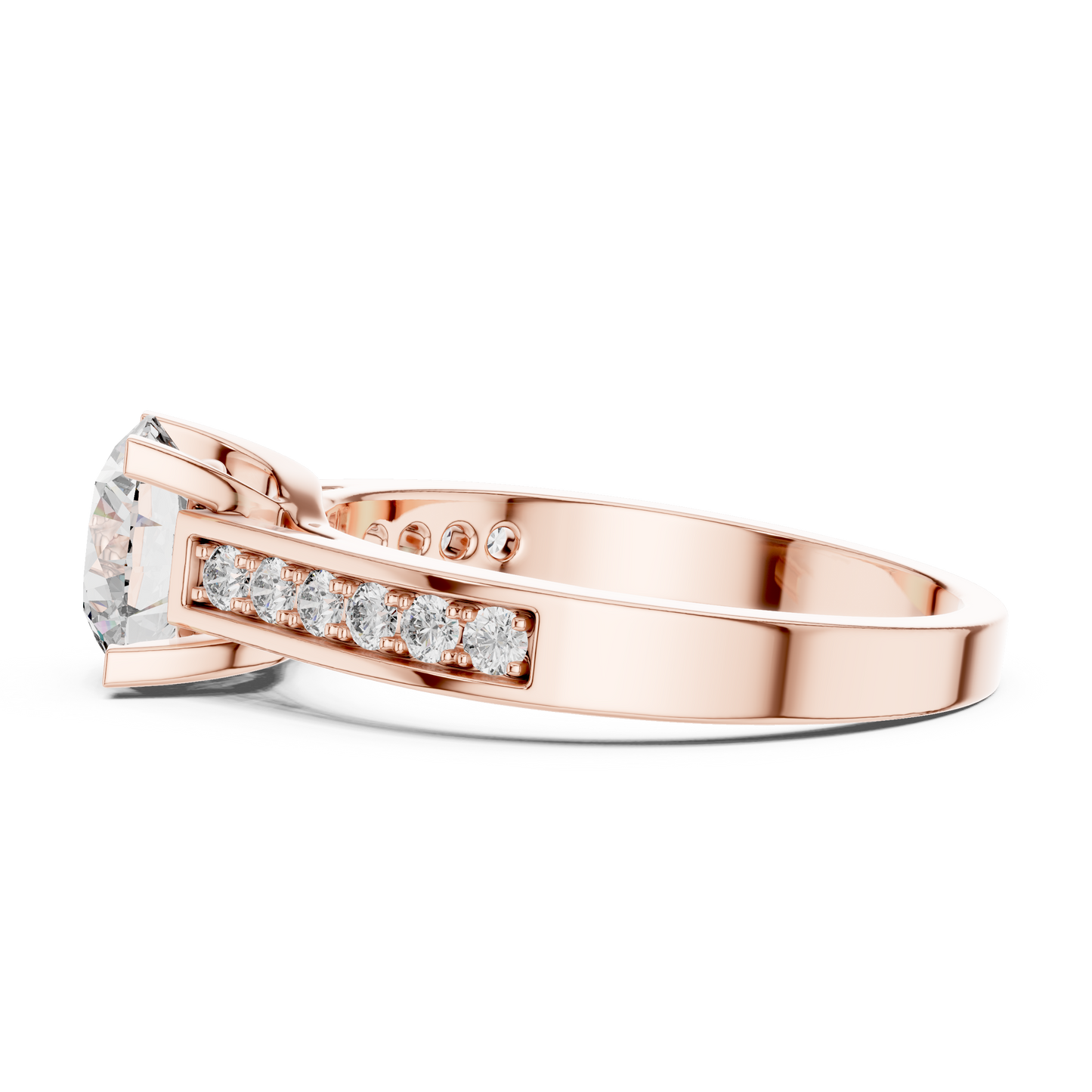 Anillo Solitario Redondo 1.18ctw con Banda Pavé Engastada en Canal | Diamante Creado en Laboratorio en Oro 10K/18K, Plata y Platino (Tallas 8-20 Disponibles)