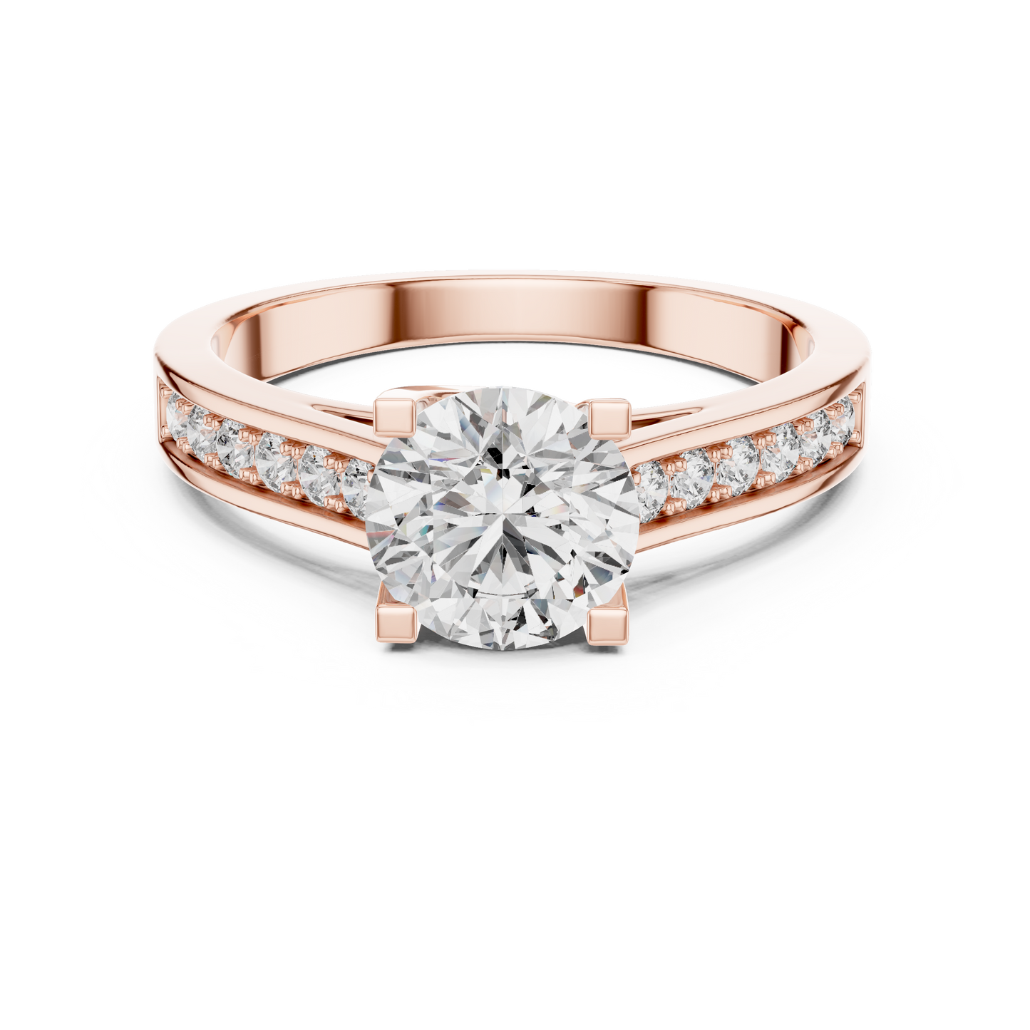 Anillo Solitario Redondo 1.18ctw con Banda Pavé Engastada en Canal | Diamante Creado en Laboratorio en Oro 10K/18K, Plata y Platino (Tallas 8-20 Disponibles)