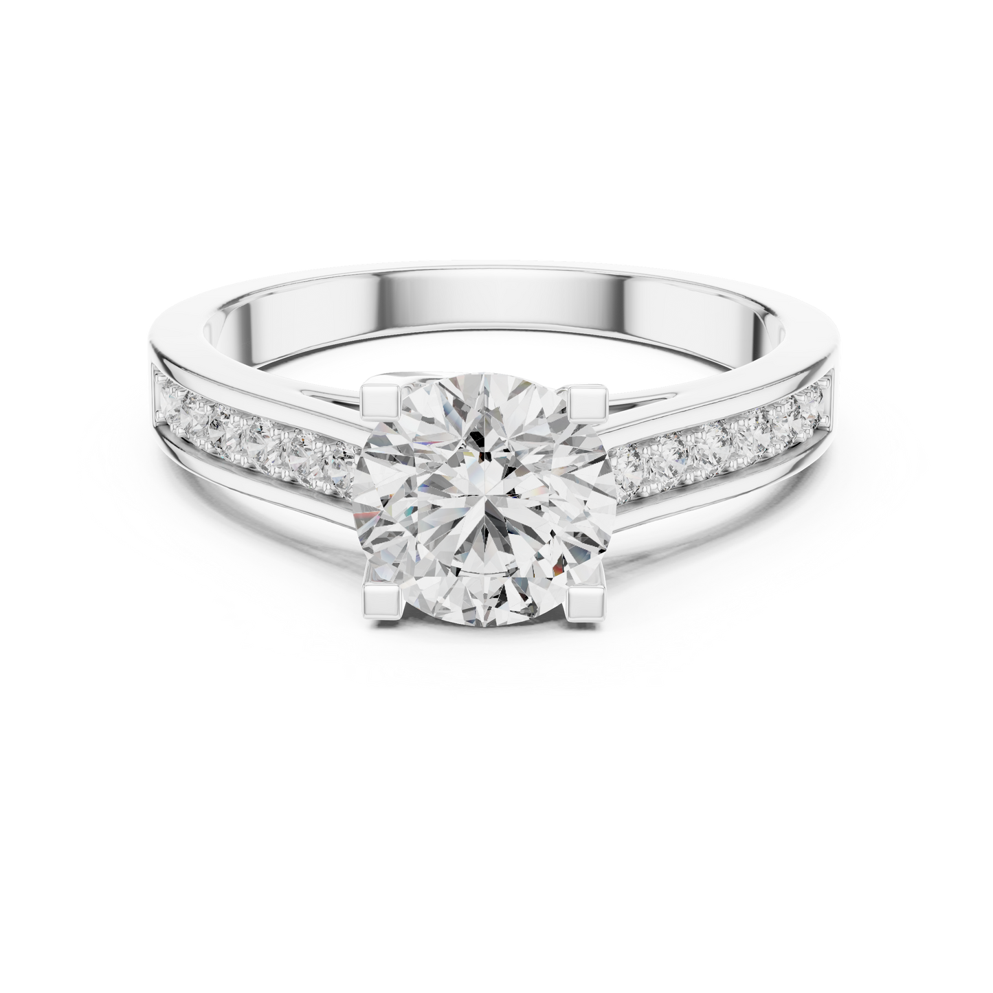 Anillo Solitario Redondo 1.18ctw con Banda Pavé Engastada en Canal | Diamante Creado en Laboratorio en Oro 10K/18K, Plata y Platino (Tallas 8-20 Disponibles)