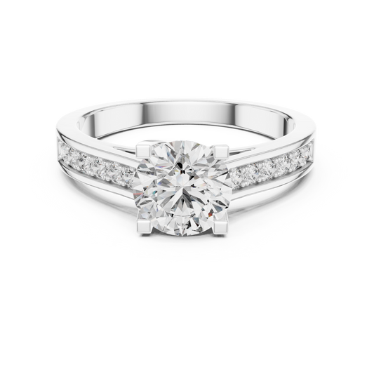 Anillo Solitario Redondo 1.18ctw con Banda Pavé Engastada en Canal | Diamante Creado en Laboratorio en Oro 10K/18K, Plata y Platino (Tallas 8-20 Disponibles)