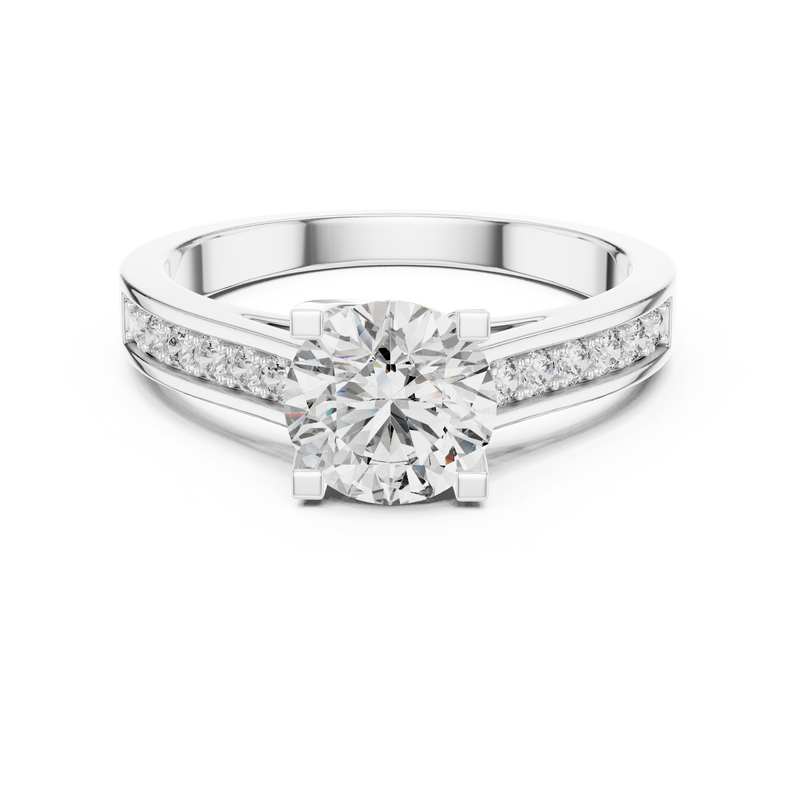 Anillo Solitario Redondo 1.18ctw con Banda Pavé Engastada en Canal | Diamante Creado en Laboratorio en Oro 10K/18K, Plata y Platino (Tallas 8-20 Disponibles)