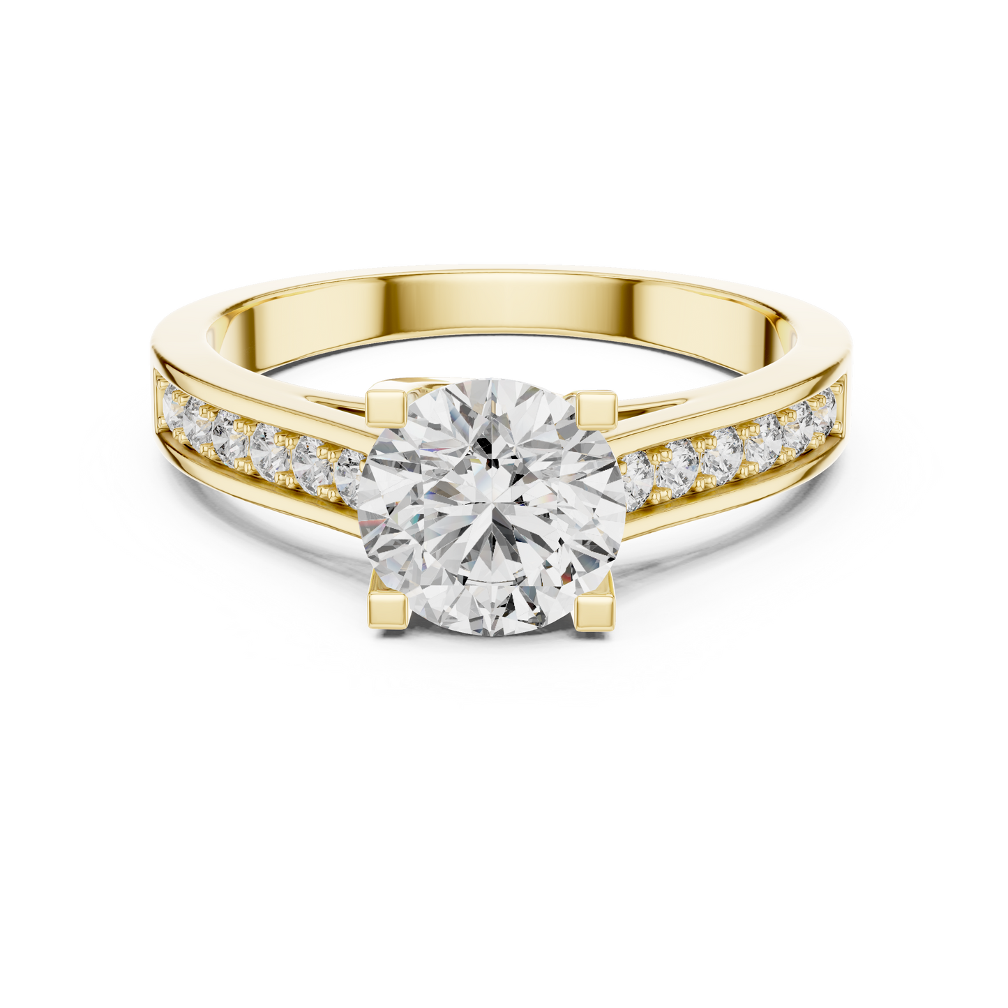 Anillo Solitario Redondo 1.18ctw con Banda Pavé Engastada en Canal | Diamante Creado en Laboratorio en Oro 10K/18K, Plata y Platino (Tallas 8-20 Disponibles)