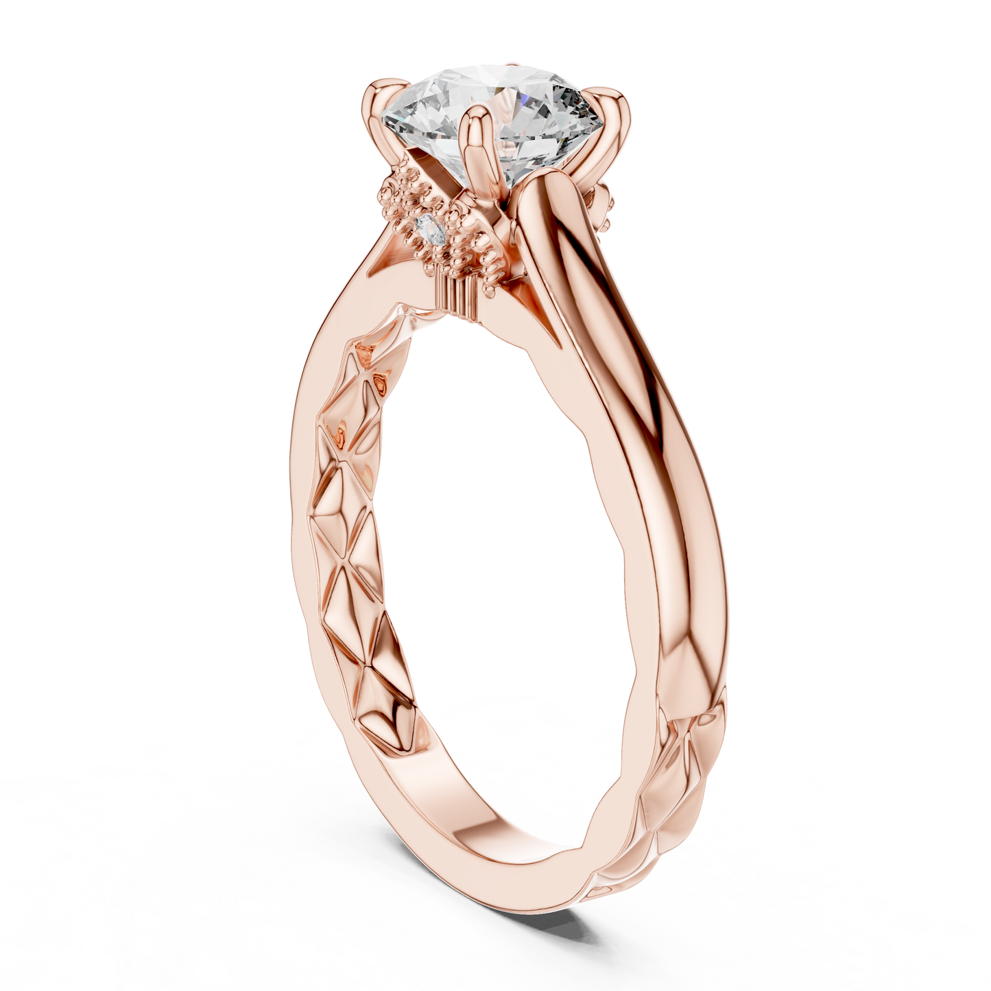 Anillo Solitario 1.02ctw Redondo con Acentos Pavé Trenzados en Córdoba, España | Diamante Creado en Laboratorio en Oro 10K/18K, Plata y Platino (Tallas 8-20 Disponibles)