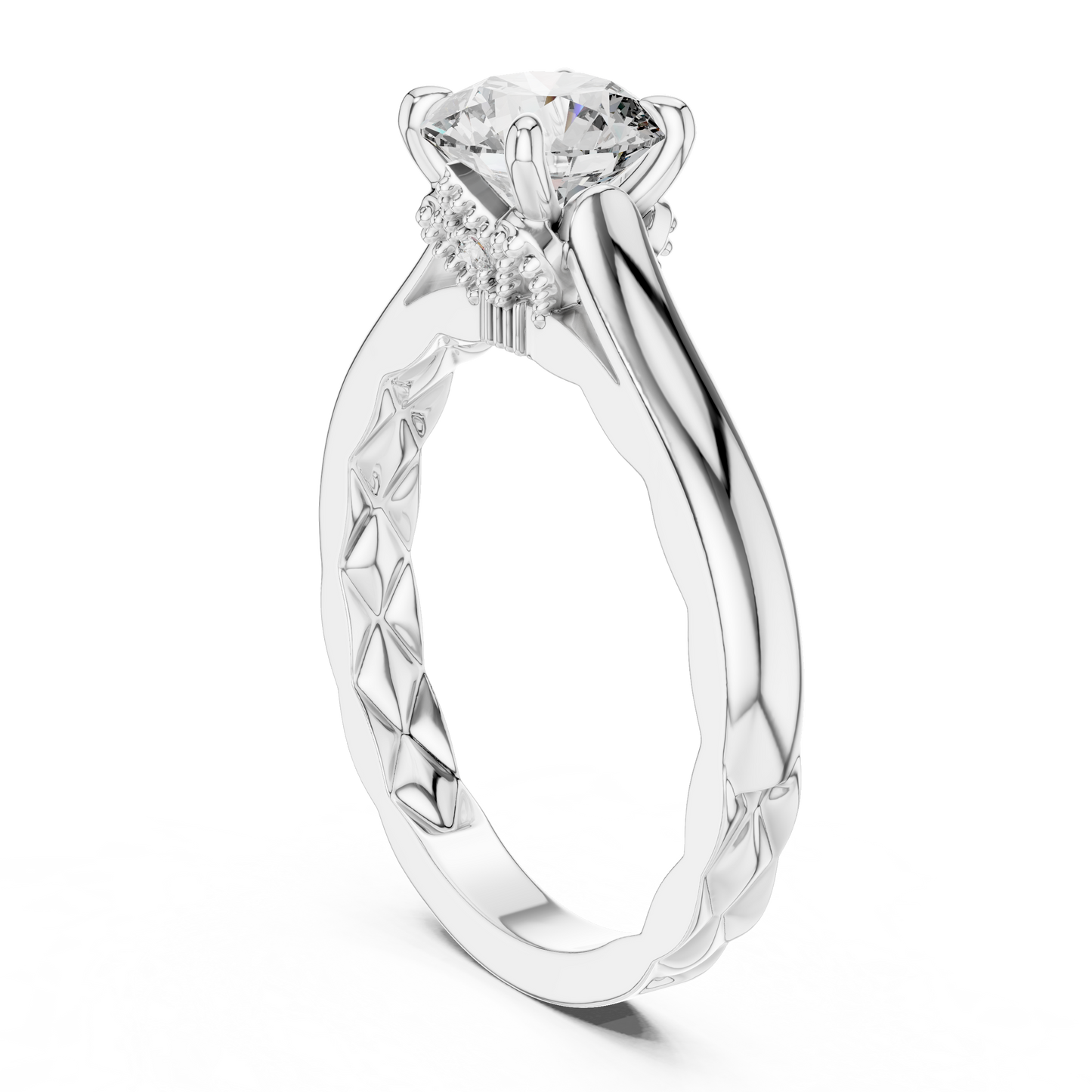 Anillo Solitario 1.02ctw Redondo con Acentos Pavé Trenzados en Córdoba, España | Diamante Creado en Laboratorio en Oro 10K/18K, Plata y Platino (Tallas 8-20 Disponibles)