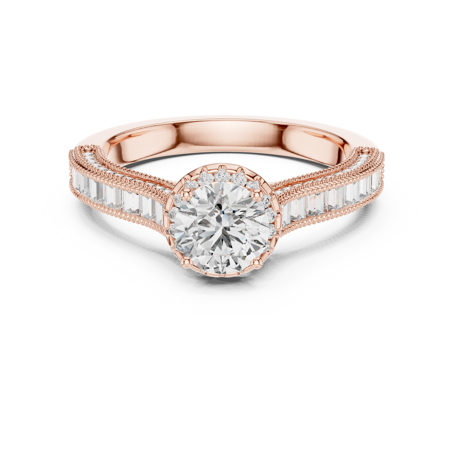 Anillo de Compromiso Halo 1.43ctw con Diamantes Creados en Laboratorio | Acentos Baguette y Redondos en Canal | Color D Claridad VS | Oro 10K/18K, Plata y Platino (Tallas 8-20 Disponibles)