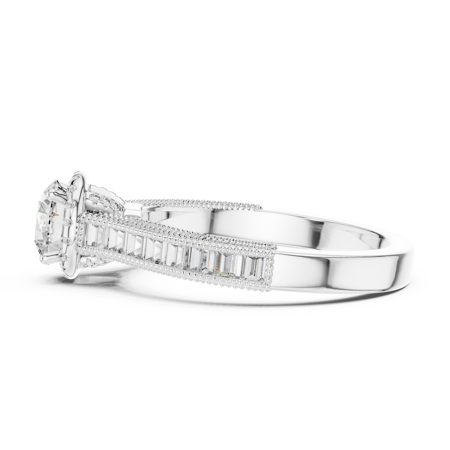 Anillo de Compromiso Halo 1.43ctw con Diamantes Creados en Laboratorio | Acentos Baguette y Redondos en Canal | Color D Claridad VS | Oro 10K/18K, Plata y Platino (Tallas 8-20 Disponibles)