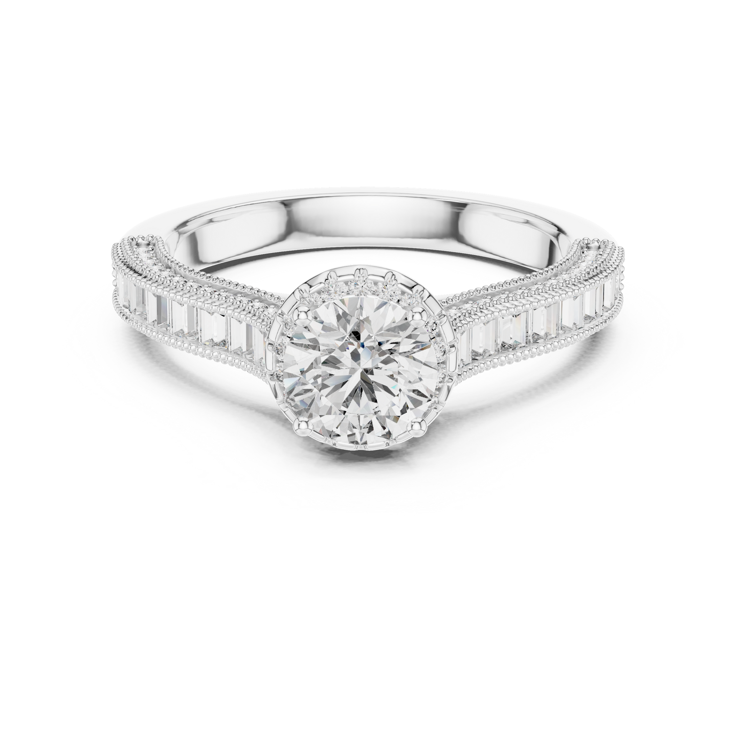 Anillo de Compromiso Halo 1.43ctw con Diamantes Creados en Laboratorio | Acentos Baguette y Redondos en Canal | Color D Claridad VS | Oro 10K/18K, Plata y Platino (Tallas 8-20 Disponibles)